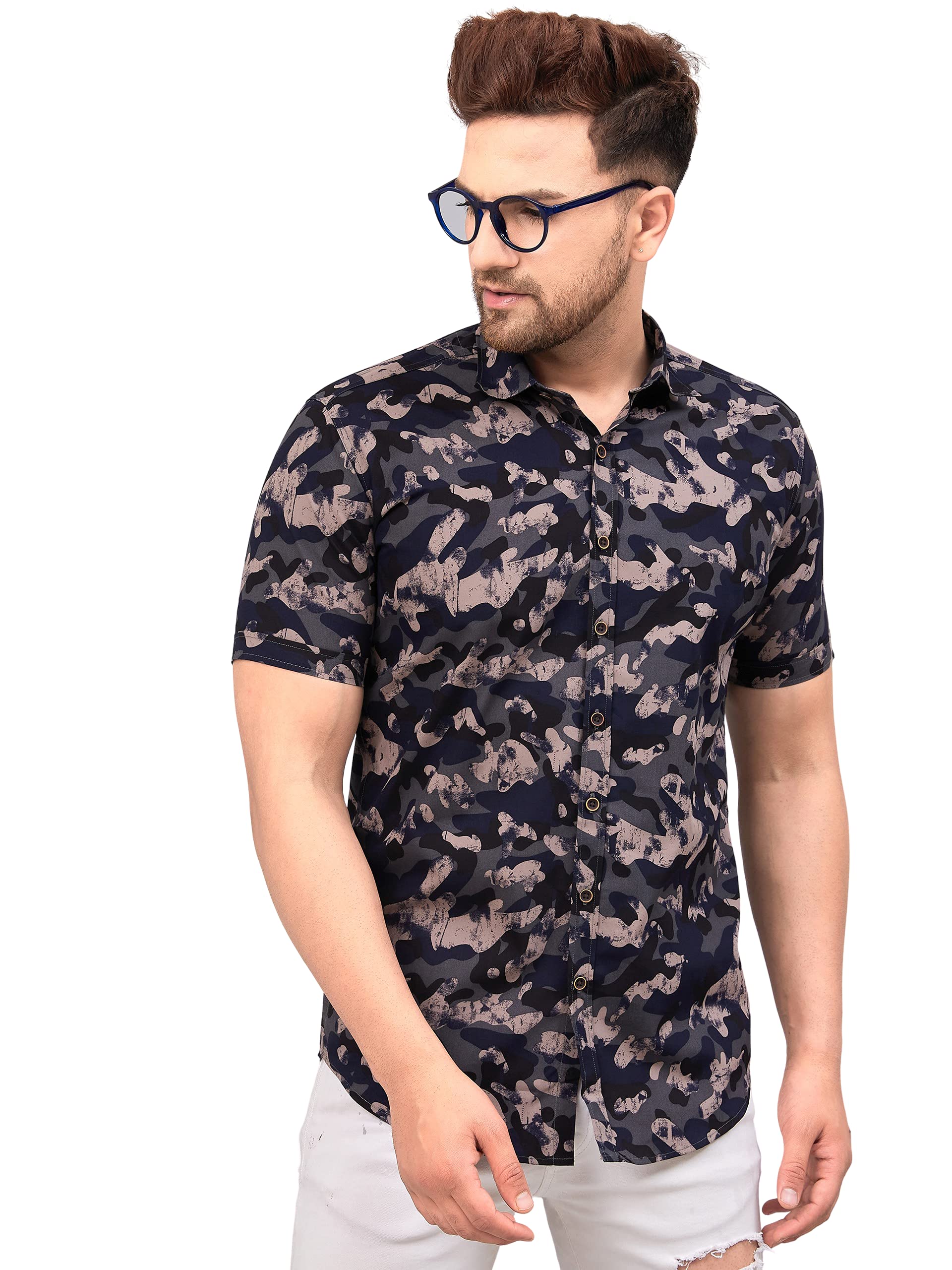 Le MecMen's Cotton Camouflage Army Military Print Half Sleeves Shirt