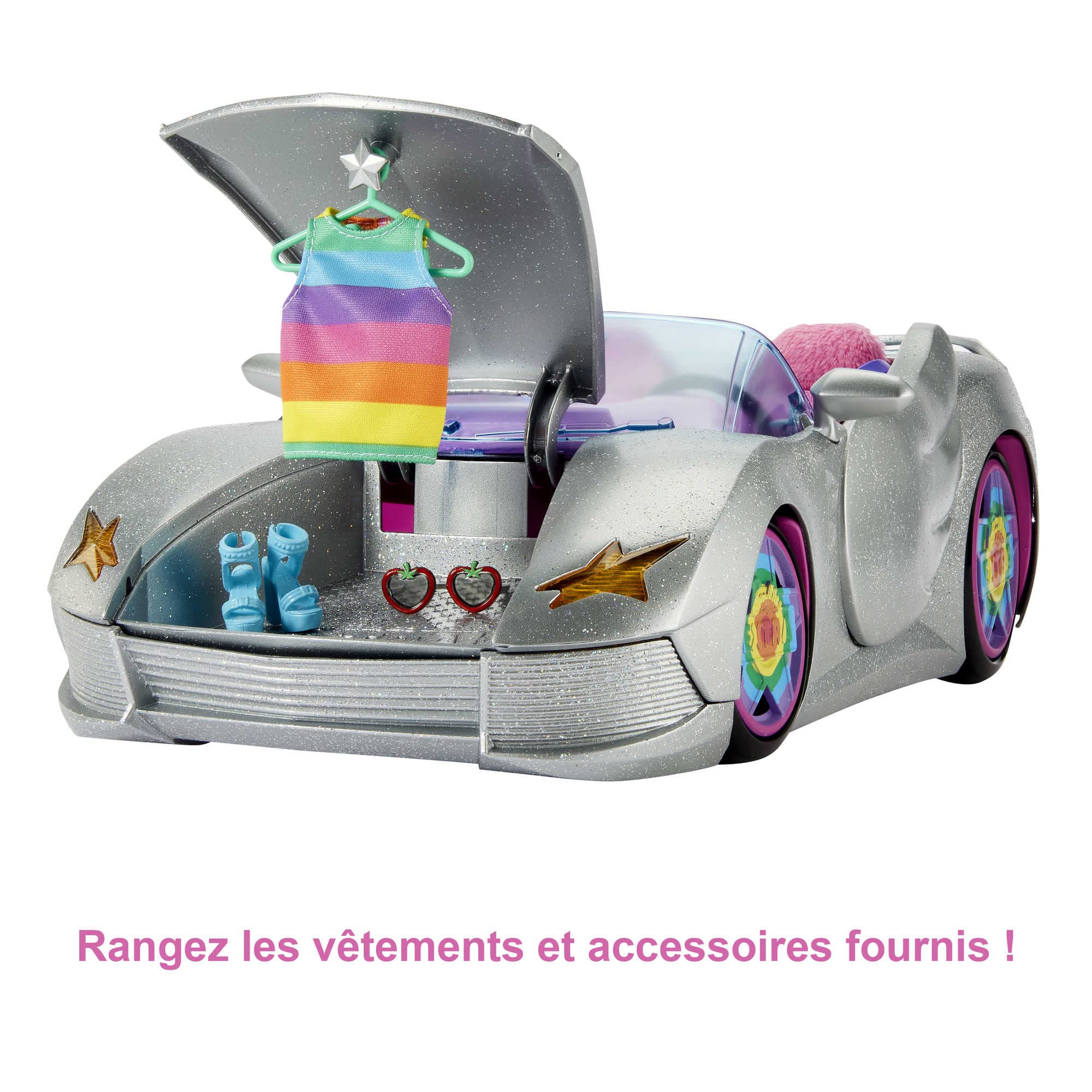 Barbie Extra Cabriolet argenté, Voiture pour poupée, 2 Places, Intérieur Rose, avec Corgi et Piscine pour Chien, et Accessoires, Jouet pour Enfant, HDJ47