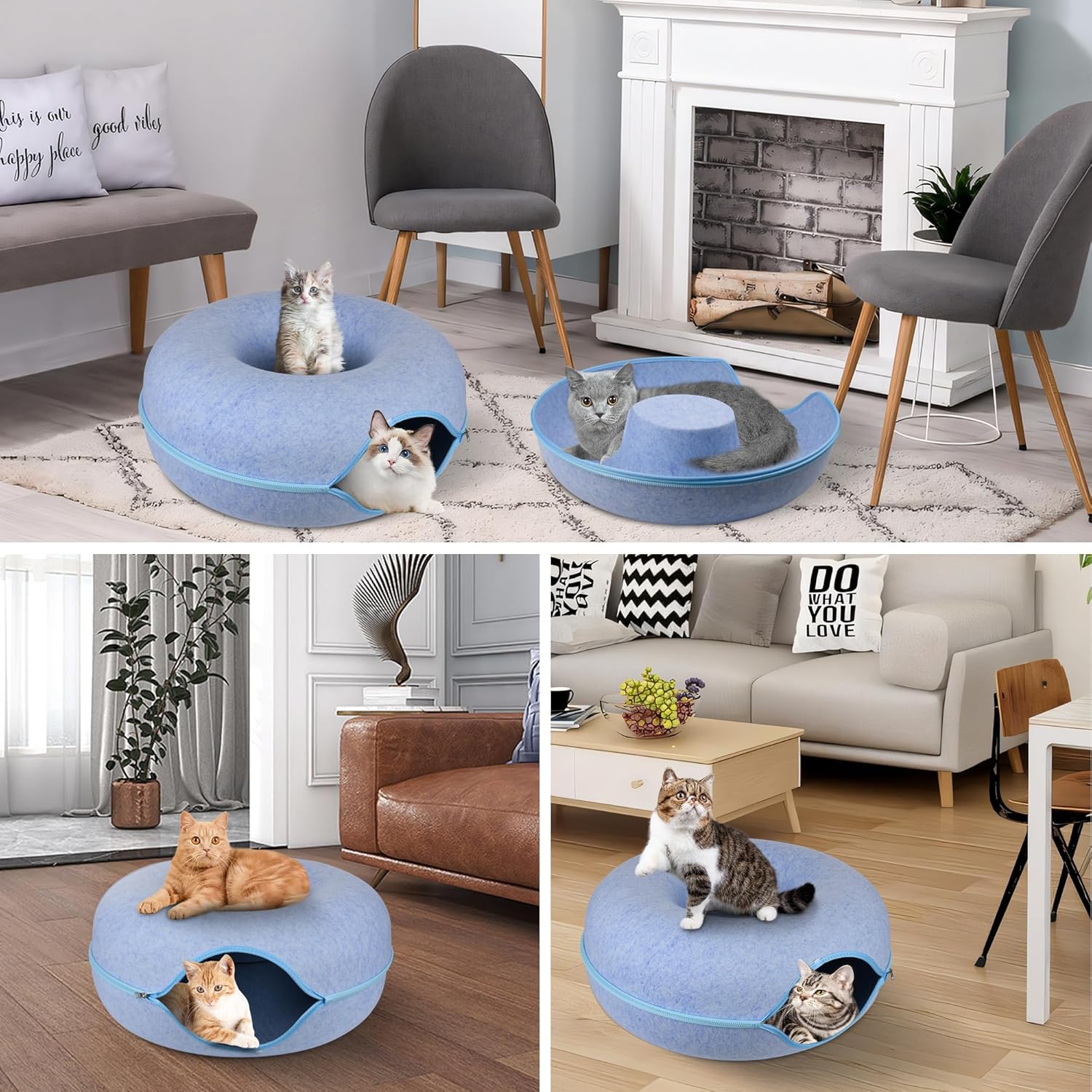 Peekaboo Cat Cave,Cat Tunnel Bed for Indoor Cats,Cat Donut Tunnel for Pet Cat House,Detachable Round Cat Felt & Washable Interior Cat Play Tunnel (Large, Sky Blue)