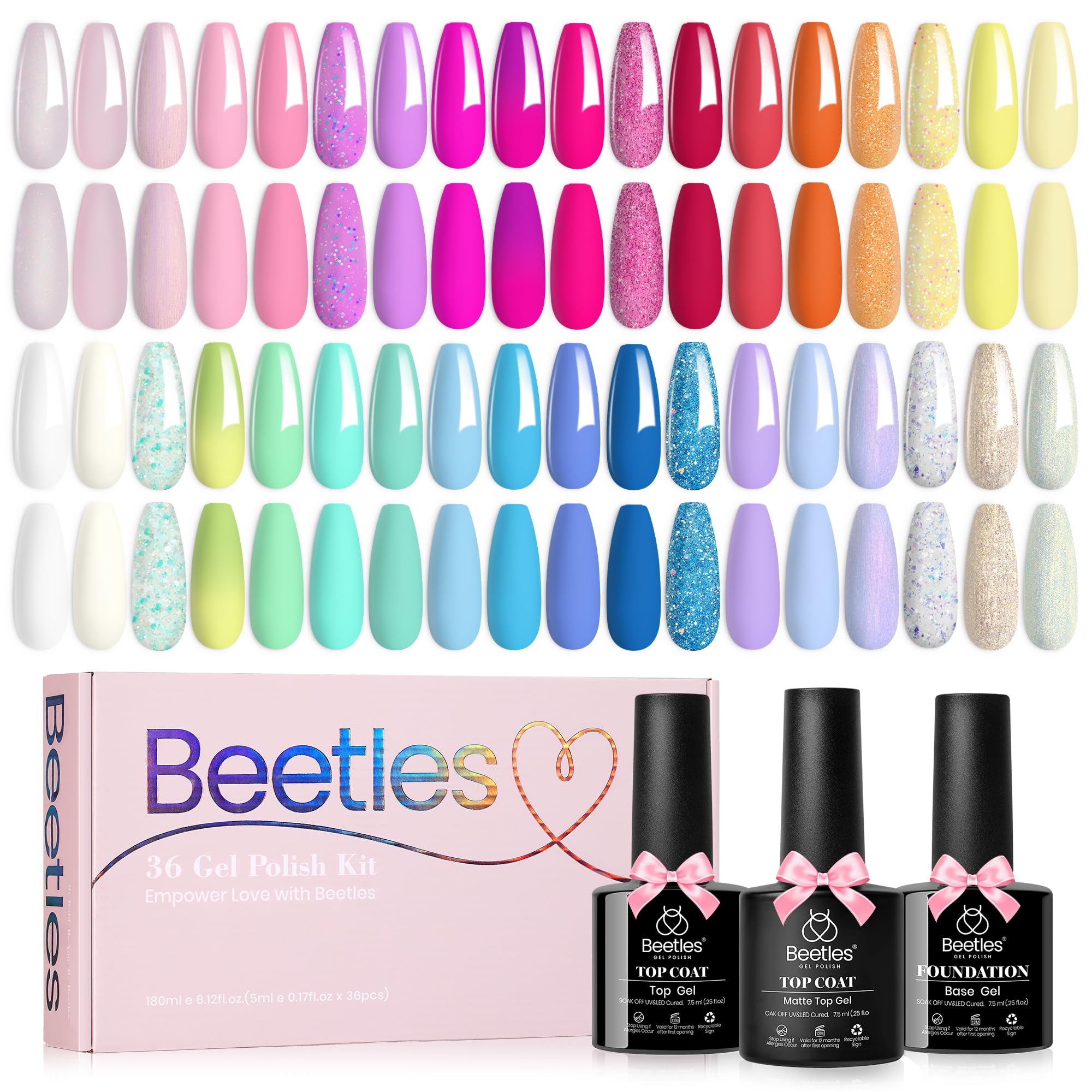 beetles Gel Nail Polish Set - 39Pcs Spring Gel Polish Pink Red Blue Purple Color Polish with Base Top Coat Soak off Uv LED Lamp Colorful Candies Manicure Kit Salon DIY Home Gifts for Women Girls