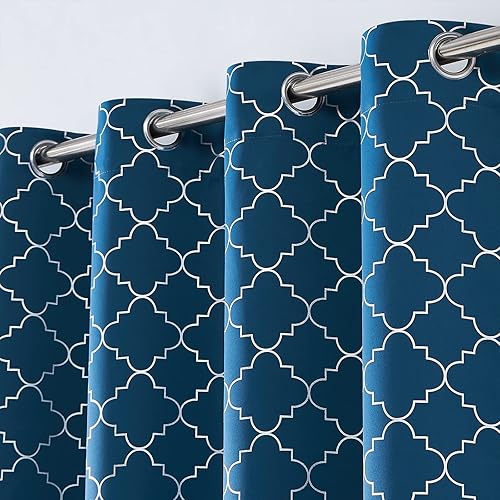 Miniatura 5 de Enactex Cortinas 100% opacas con aislamiento térmico de 84 pulgadas de largo para dormitorio, cortinas azules con patrón geométrico plateado,