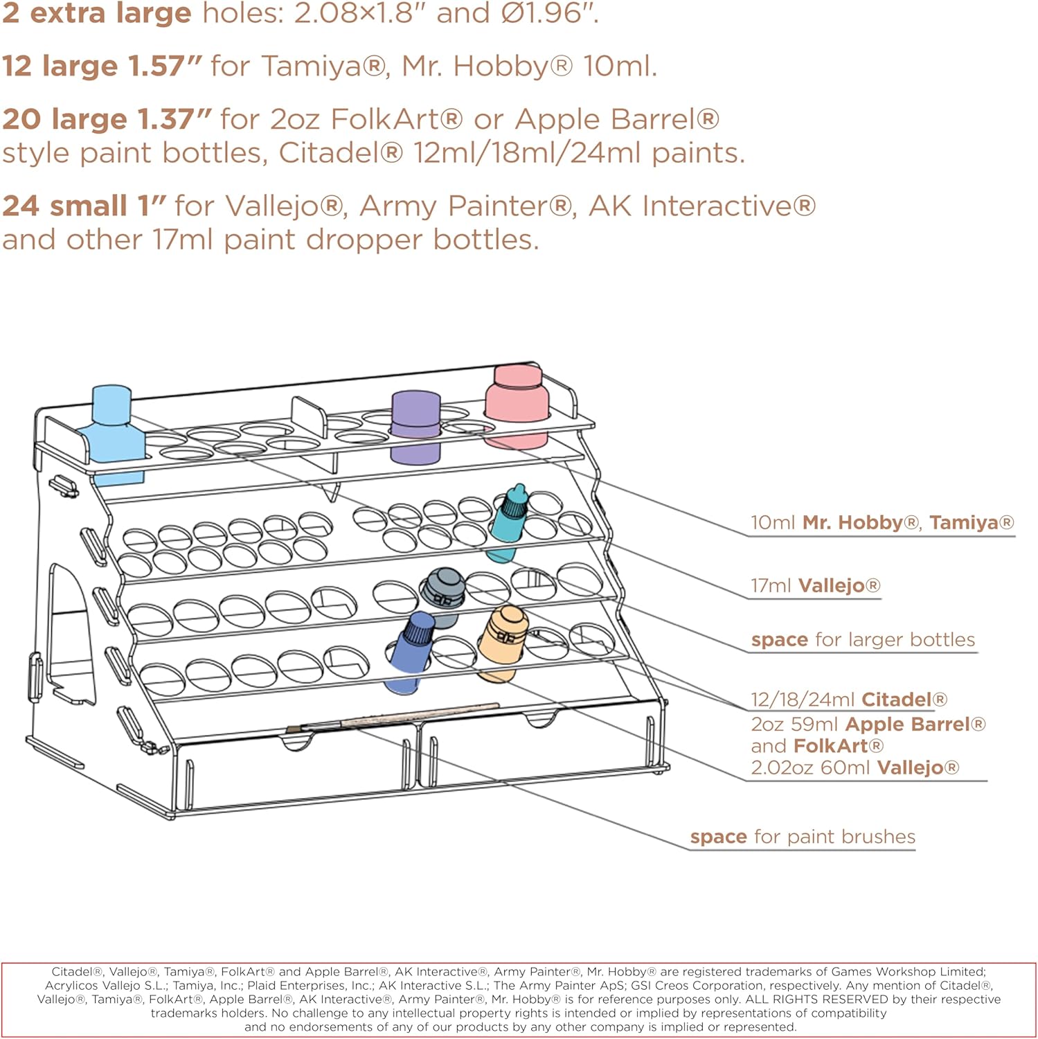 Plydolex Wooden Craft Paint Storage Rack Organizer - 58 Holes for Citadel, Vallejo, Tamiya Paint Bottles - Suitable for Painting Warhammer, DnD, Pathfinder and Other Miniatures
