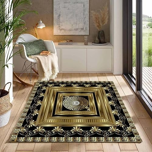 Alfombras de área con patrón de llave griega color negro y dorado, diseño geométrico 3D dorado para el hogar, para interiores, interiores, niños,