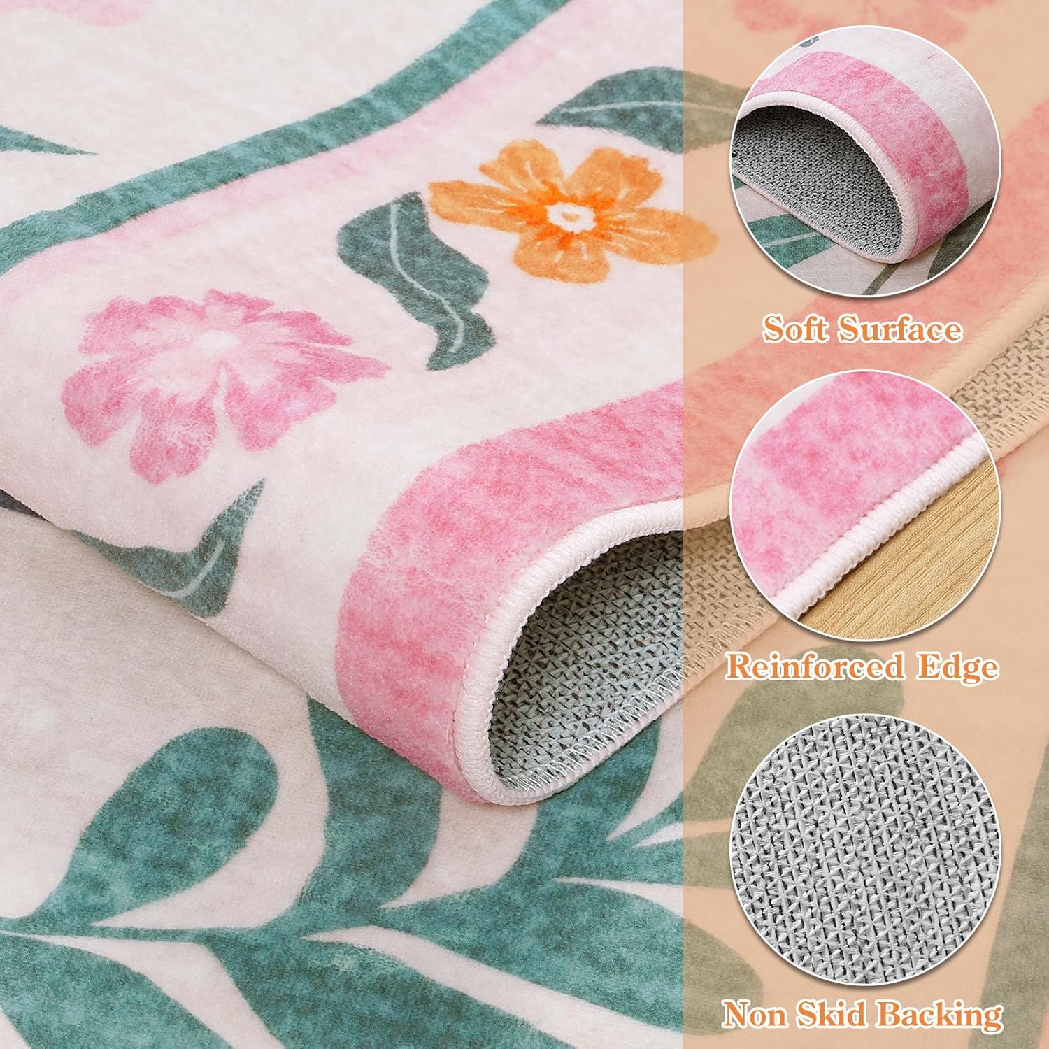 Anidaroel Pink Floral Living Room Rugs 8x10, Washable Area Rugs for Bedroom Soft Non Slip Boho Rug Non-Slip Low Pile Girls Kids Playroom Rug, Indoor Throw Carpet for Nursery Dorm Office