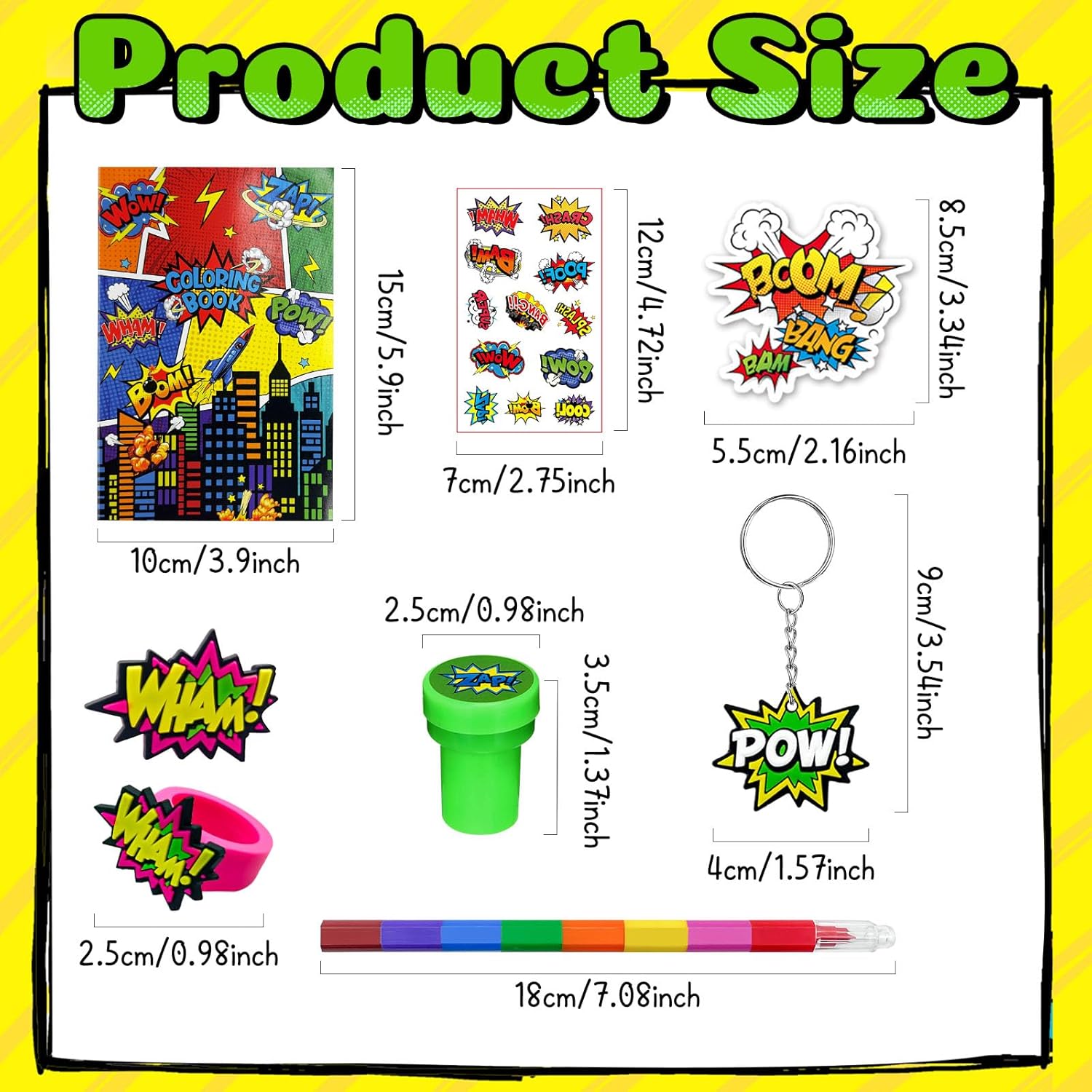 Cinrobiye 72 Pcs Hero Party Favors, Hero Coloring Books, Stickers, Tattoos, Stampers, Keychains, Rings, Rainbow Pencils, Comic Birthday Party Supplies, Goodie Bag Fillers, Prize Bulk Set - Image 3