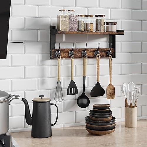 Miniatura 4 de Ganchos de pared con estante, perchero de madera con estante montado en la pared, estantes colgantes de entrada con 5 ganchos de metal para ropa,