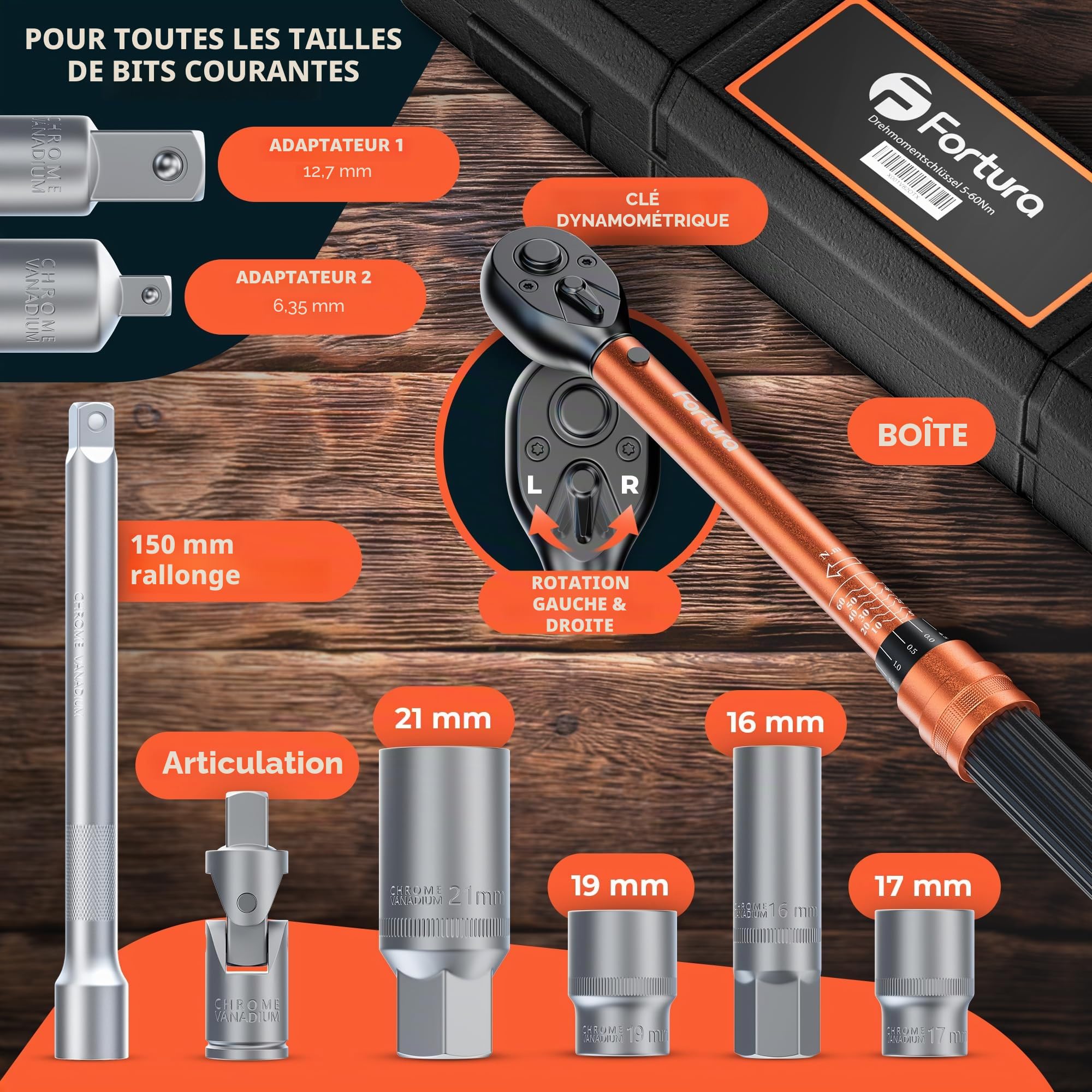 Fortura Clé dynamométrique 3/8, clé dynamométrique 5-60 Nm, clé pour bougie