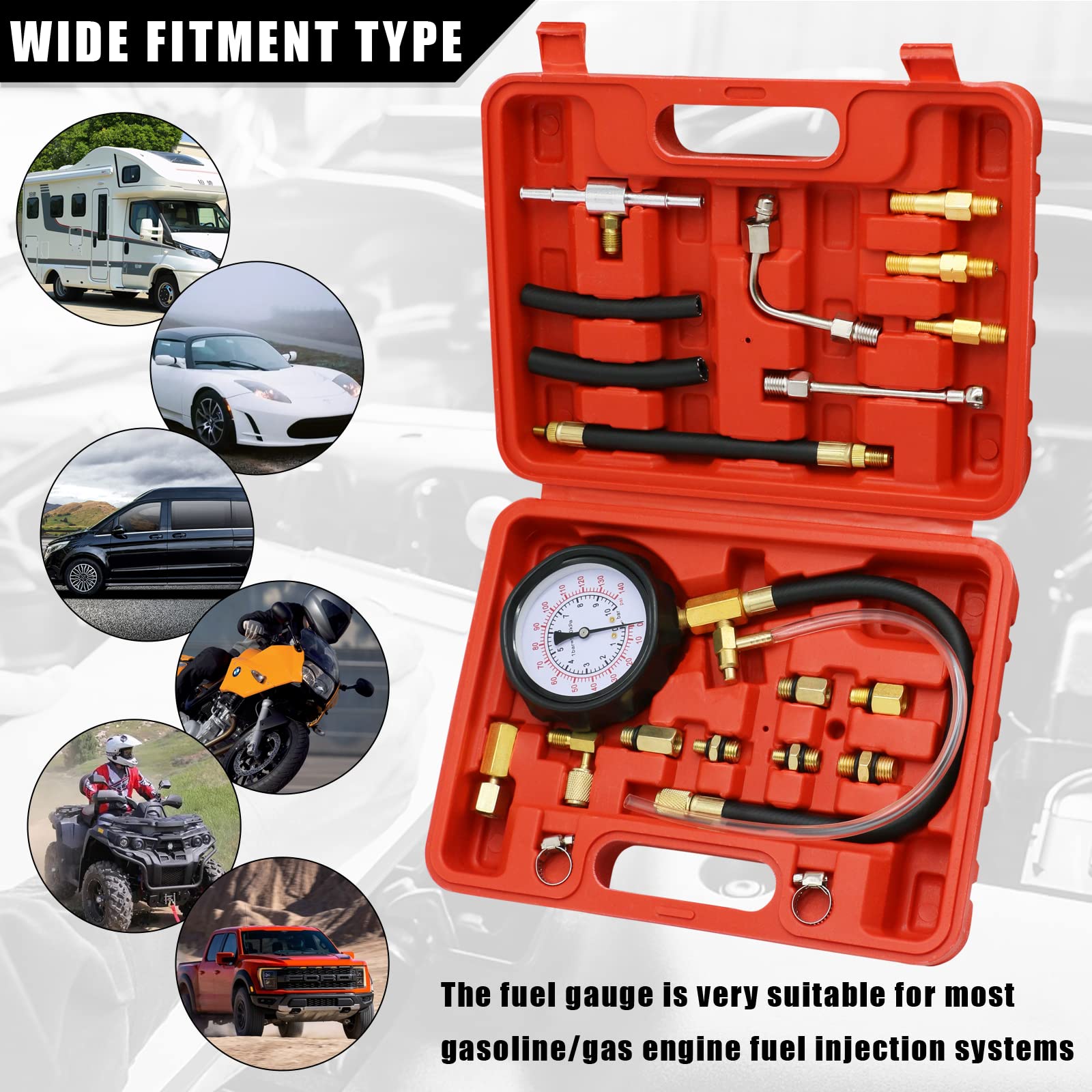 0-140PSI pompa di iniezione, tester di pressione del carburante, kit universale per pompa del carburante, tester di pressione per benzina, auto, camion, moto, strumento diagnostico