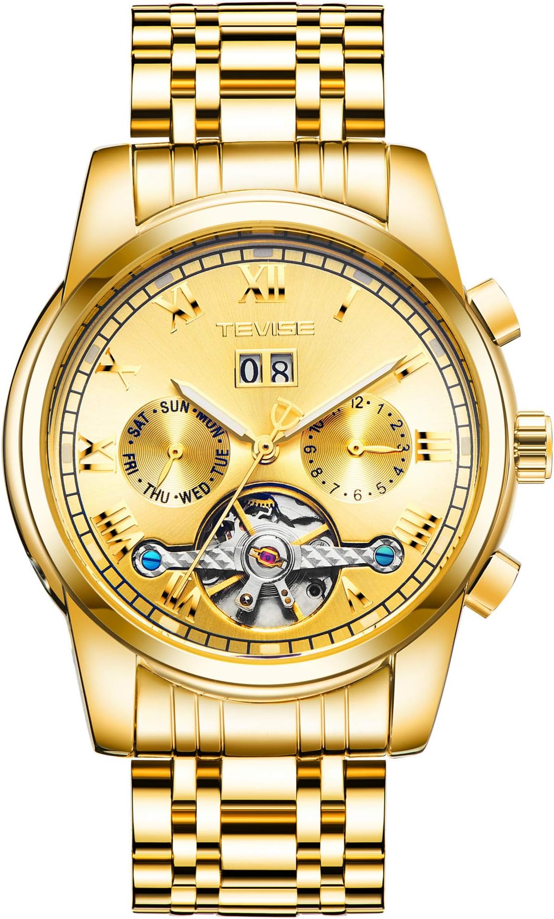 Tevise Business Mechanical Men Watches Luxury Skeleton Tourbillon Automatic Wristwatch Man Stainless Steel Calendar Week Clock