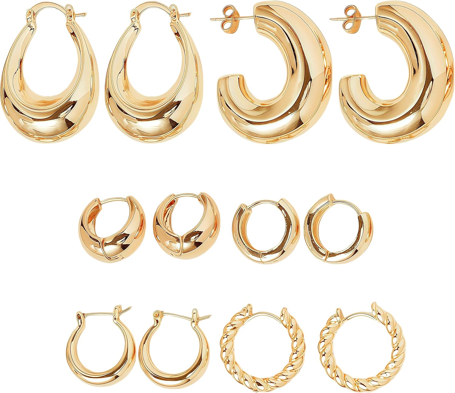 6 Pairs Gold Dangle Earrings for Women, 14k Thick Dainty Dangling Hoop Fashion Cute Trendy Chunky Earring Set Aesthetic Hypoallergenic Twisted Jewelry Costume Pack