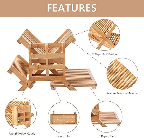 Miniatura 10 de HBlife Escurridor de platos de bambú con soporte para cubiertos de utensilios, soporte de secado plegable grande de 3 niveles para encimera de