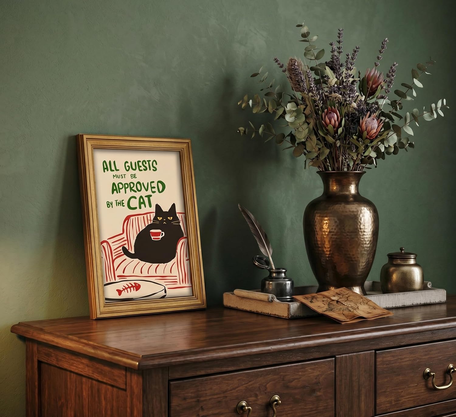 Gold Framed kitchen Canvas Wall Art Funny Black Cat With Coffee Painting Picture Wall Decor Guests Must Be Approved By The Cat Quote Animal Cats Poster Print Artwork for Bedroom Living Room image 3