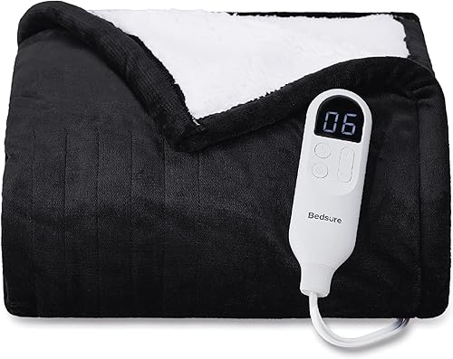 Bedsure Manta térmica eléctrica, manta eléctrica de franela suave, manta térmica con 4 ajustes de tiempo, 6 ajustes de calor y temporizador de 3