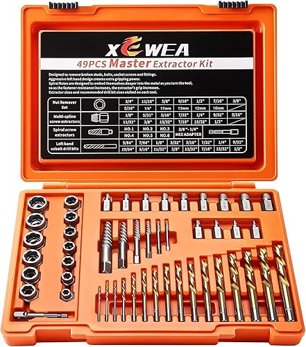 XEWEA Juego de 49 extractores de tornillos y pernos con juego de brocas para mano izquierda, herramientas de extracción de pernos rotos multilínea