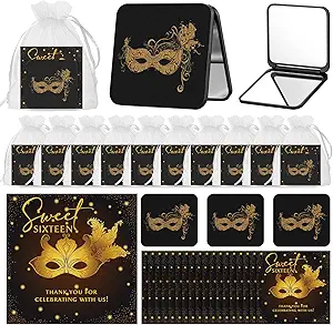 18 Set Masquerade Party Favors for Guests Sweet 16 Gifts Bulk Include Plastic Mask Design Compact Mirrors Thank You Cards Organza Bags Masquerade Ball Decor for Girls Quinceanera Birthday