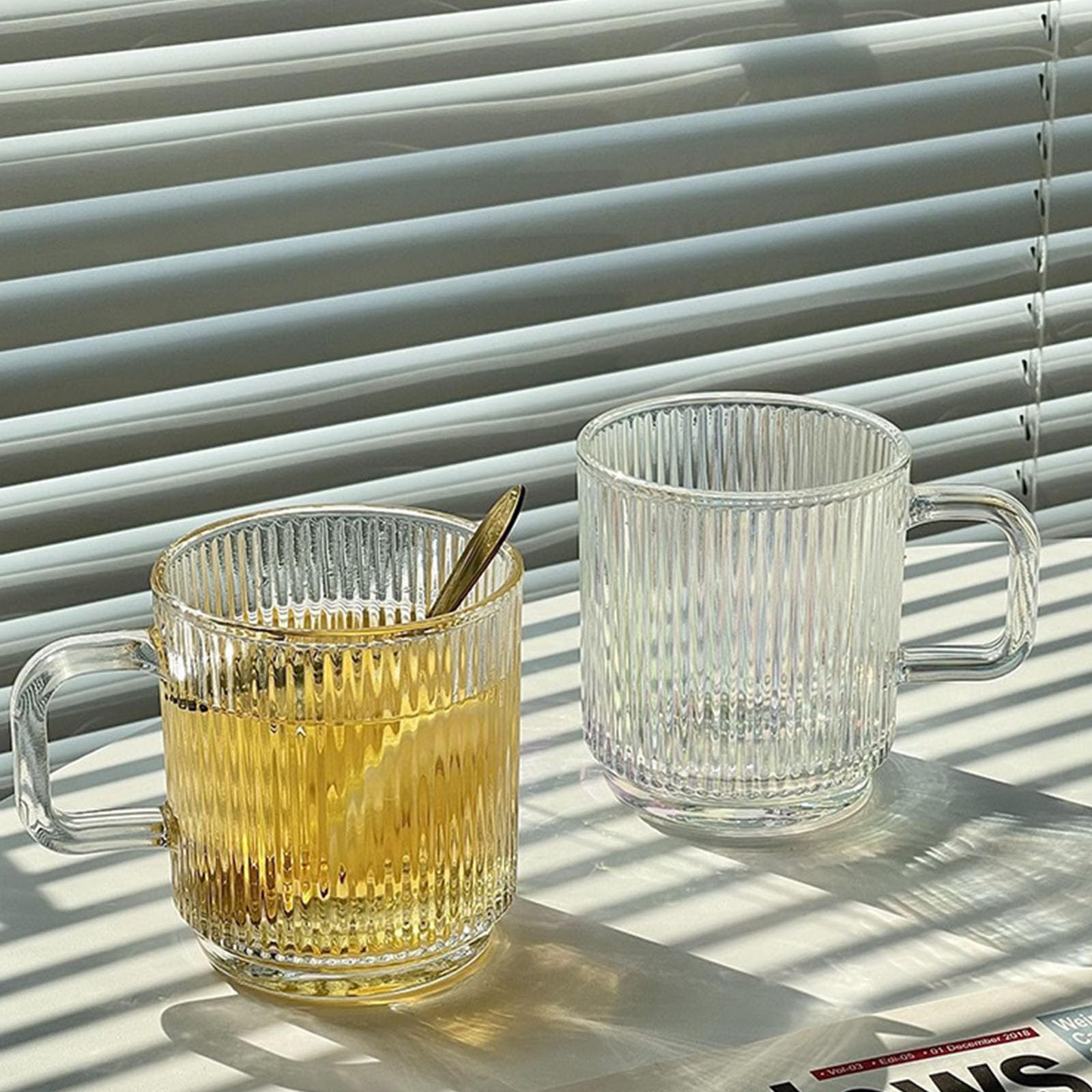 Paquete de 6 Tazas de café de Vidrio de 340 ml, Tazas de té clásicas con Rayas Verticales y asa, Ideales para Bebidas frías y Calientes.