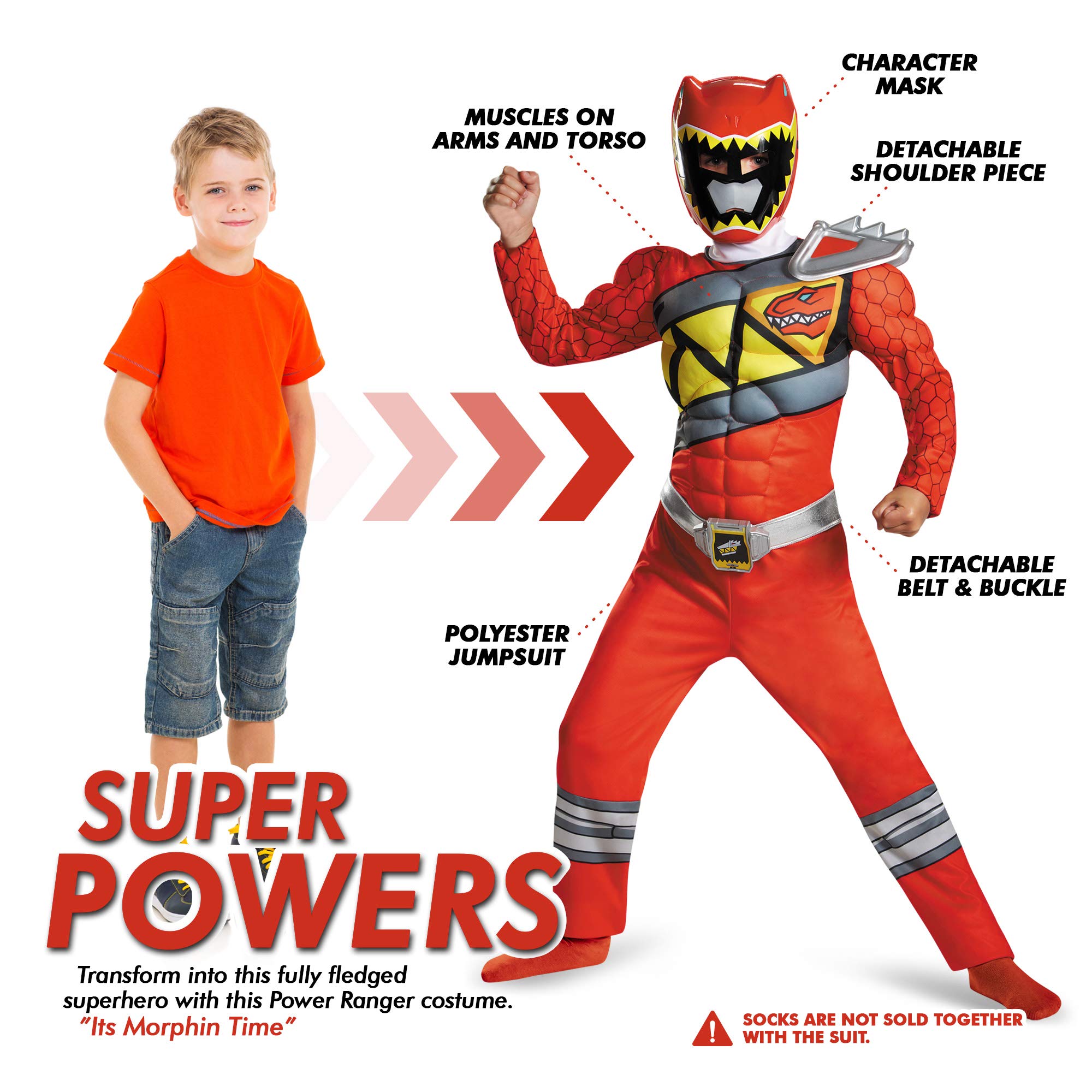 Red Power Rangers Costume for Kids. Official Licensed Red Ranger Dino Charge Classic Muscle Power Ranger Suit with Mask for Boys & Girls, Medium (7-8)