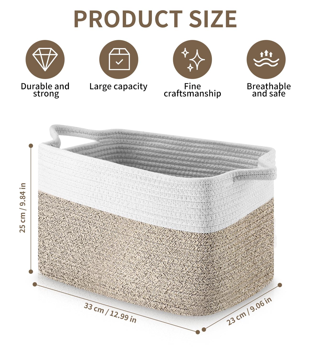 Cestini Intrecciati,Cesto Portabiancheria Extra Large,Ceste Organizer, Cesta Portabiancheria Bambini,33x25x23 CM,con Manici,Decorazione Cestini Stoccaggio per Bagno Cameretta Salotto Ufficio
