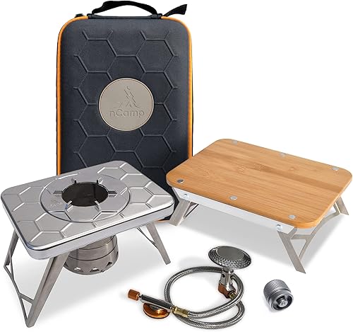 nCamp - Juego de estufa de gas portátil, estufa de madera para campamento con adaptador de iso-propano, superficie de preparación y estuche de