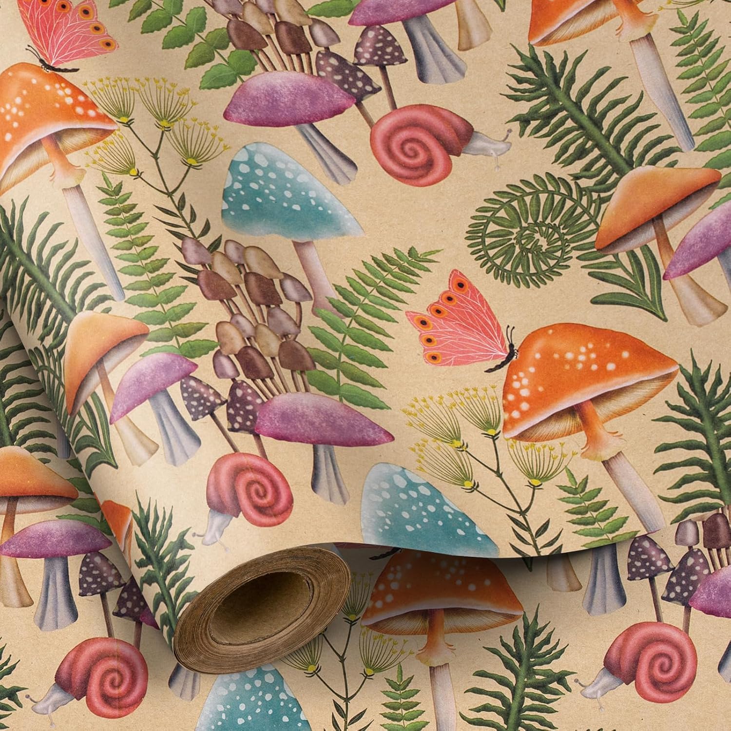 RUSPEPA Mushroom Wrapping Paper Roll, Mini Roll, Vintage Forest Design with Mushroom, Fern, Snail and Butterfly, Kraft Gift Wrap Paper for Spring, Birthday, Wedding and More, 17 Inches x 32.8 Feet