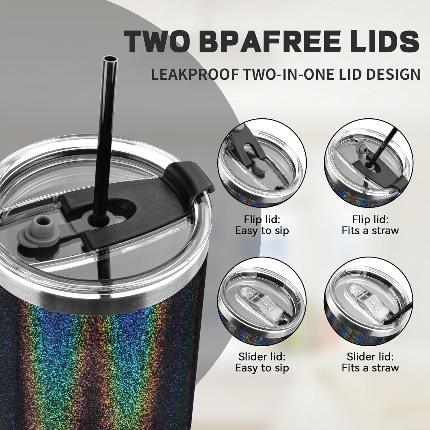 40 oz Tumbler with Lids and Straws, Stainless Steel Insulated Coffee Tumbler, Double Wall Vacuum Insulated Travel Mug Cup, Leakproof Thermal Coffee Cup for Hot and Cold Drinks (Glitter Black) - Image 6