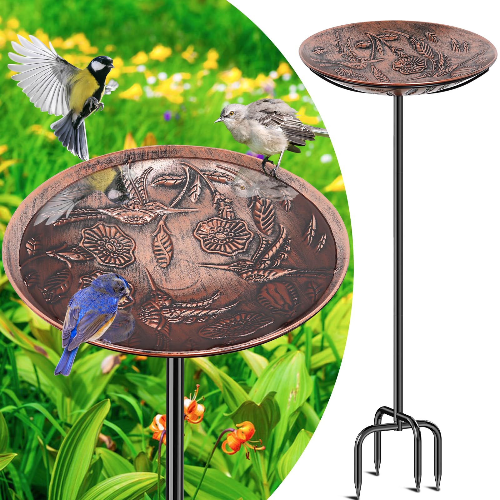 Baño de metal para pájaros para exteriores, bañeras y comederos de pájaros independientes vintage, cuenco de alimentación para exteriores, jardín, patio, decoración de césped (cobre retro)