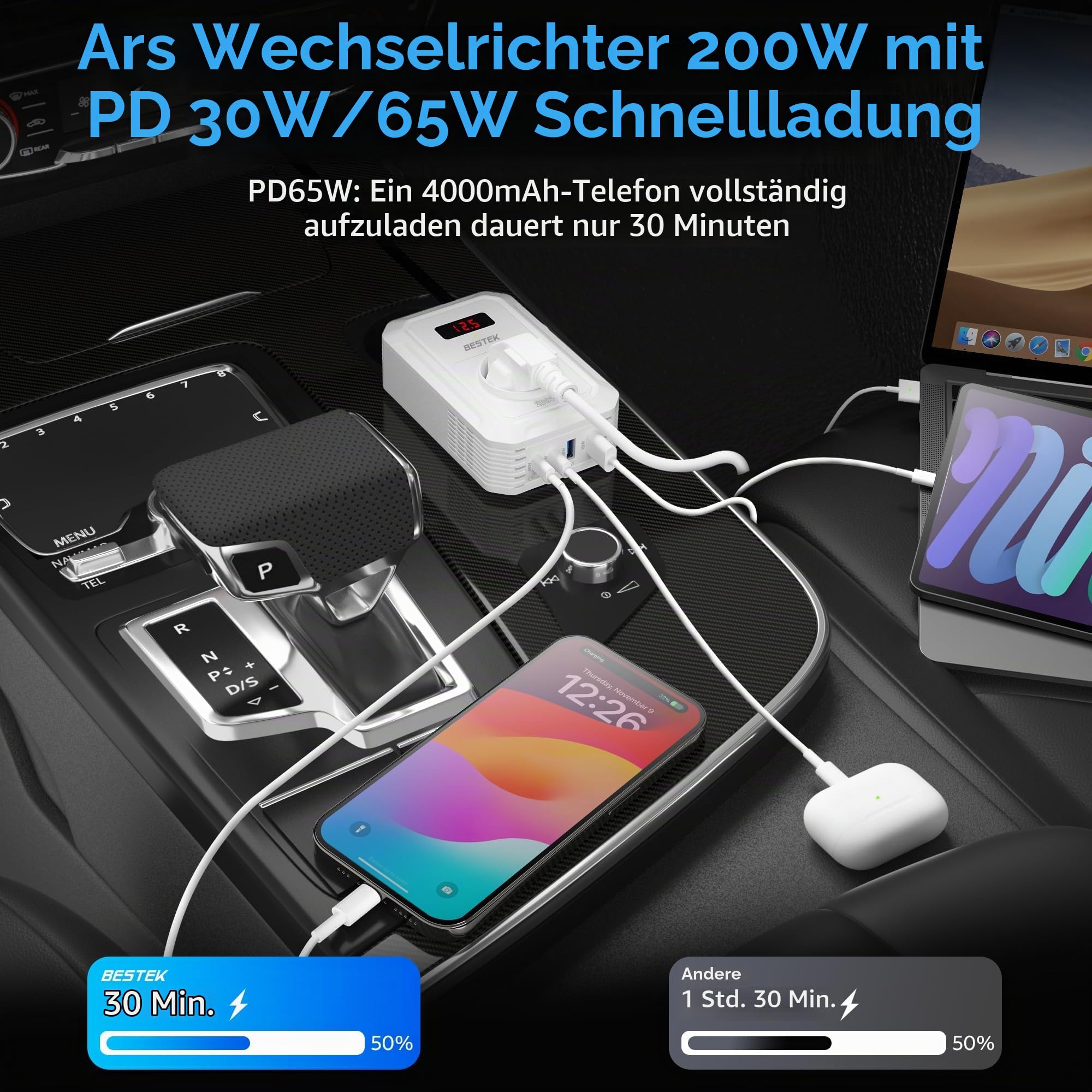BESTEK 200 W Spannungswandler 12 V auf 240 V 230 V AC Auto-Wechselrichter, mit 3-pin Steckdosen, 2 18-W USB und 2 USB-C Anschlüssen Zigarettenanzünderstecker, von Laptops, iPhones, und mehr, Weiß