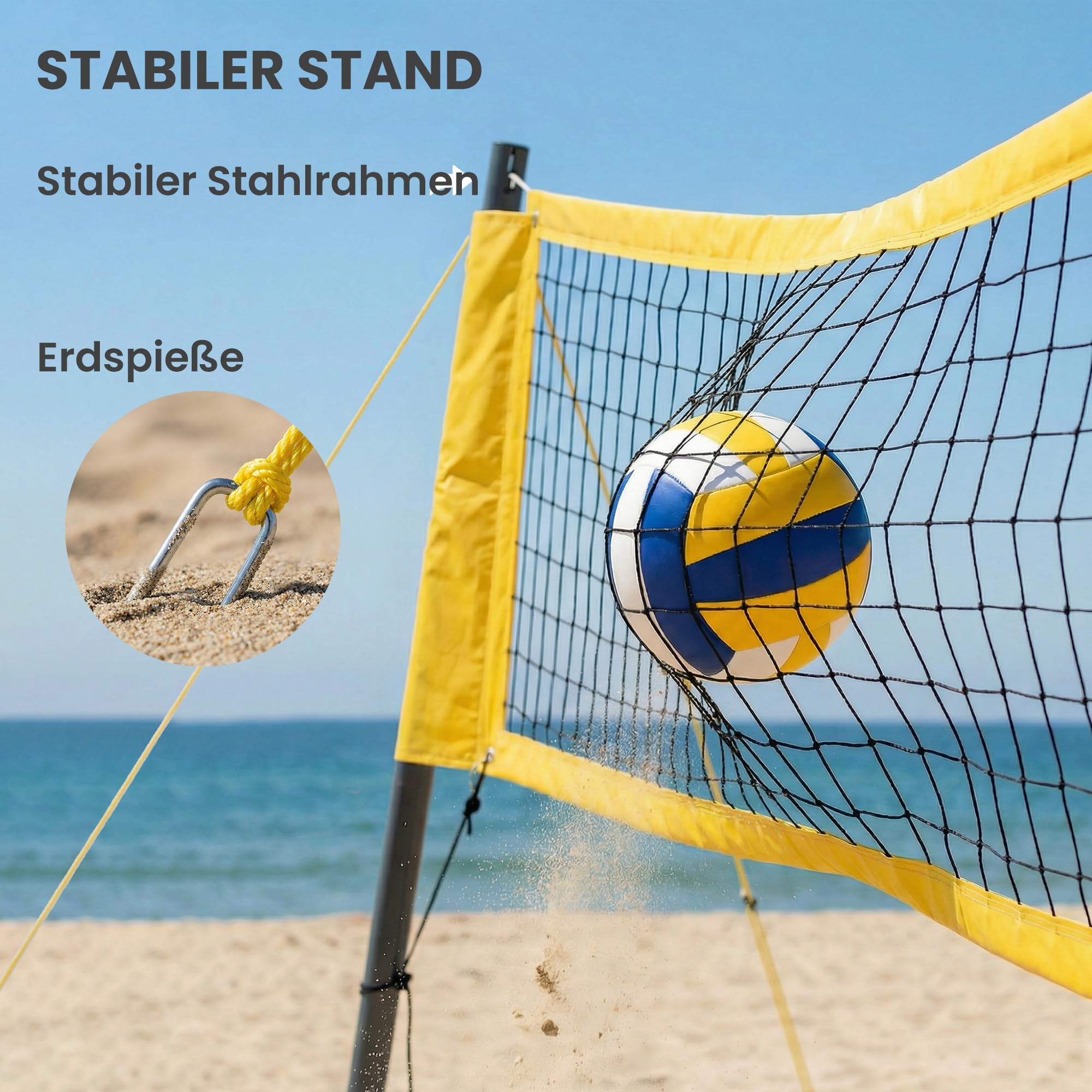 SPORTNOW Volleyballnetz Set Volleyball-Set mit höhenverstellbaren Stahlpfosten, Tragbar verstellbar Beachvolleyball-Netz mit Volleyball, Begrenzungslinie, Tragetasche, für Indoor, Outdoor