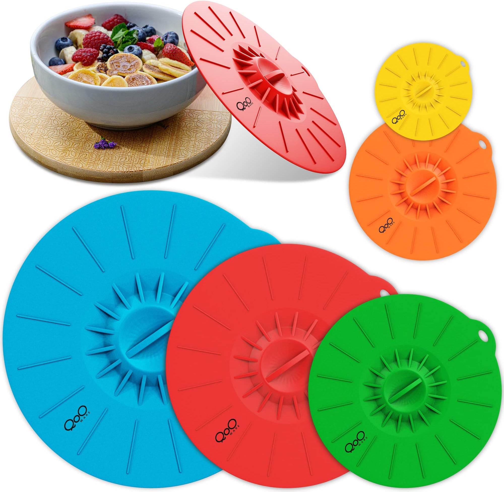 Silicone Food Lids - Set of 5 Colorful BPA Free Suction Covers - Heat Resistant Microwave Lids for Bowls, Cups, Pots and Pans - StoveTop, Oven, Fridge and Freezer Safe.