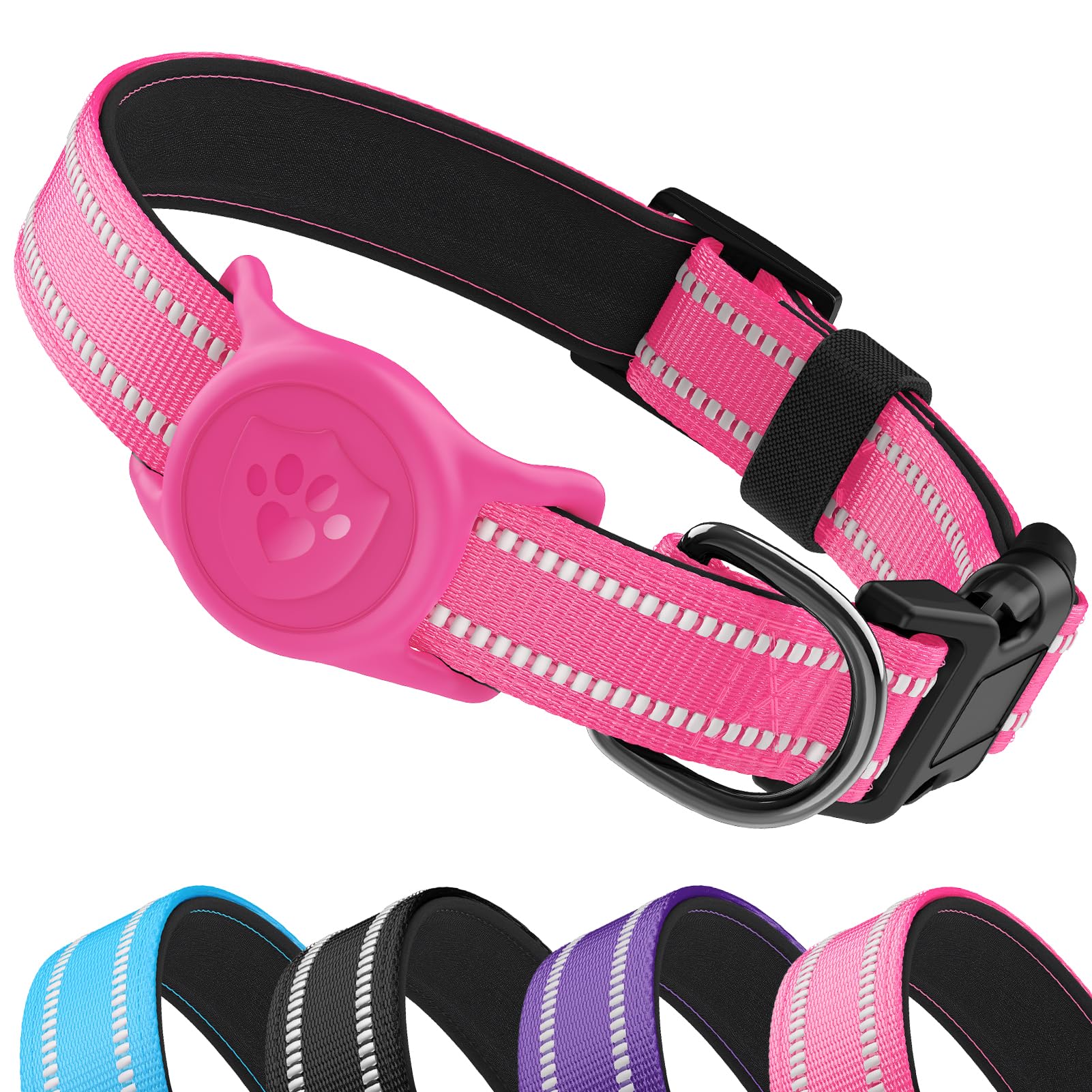 Airtag Dog Collar - IP68 Waterproof Dog Collar with AirTag Holder, Reflective Ultra-Durable Nylon Padded, Compatible with Apple Air Tag, Dog Collars for Small Medium Large Dogs(Rose Red,S)