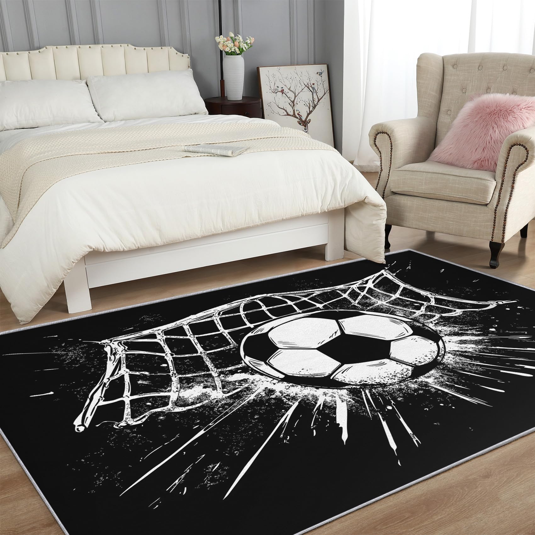 Générique Tapis Salon Foot, Tapis Chambre Noir Blanc Football, Doux Flanelle Poil Court 60x110 cm - Lavable Antidérapant Paillasson H-21