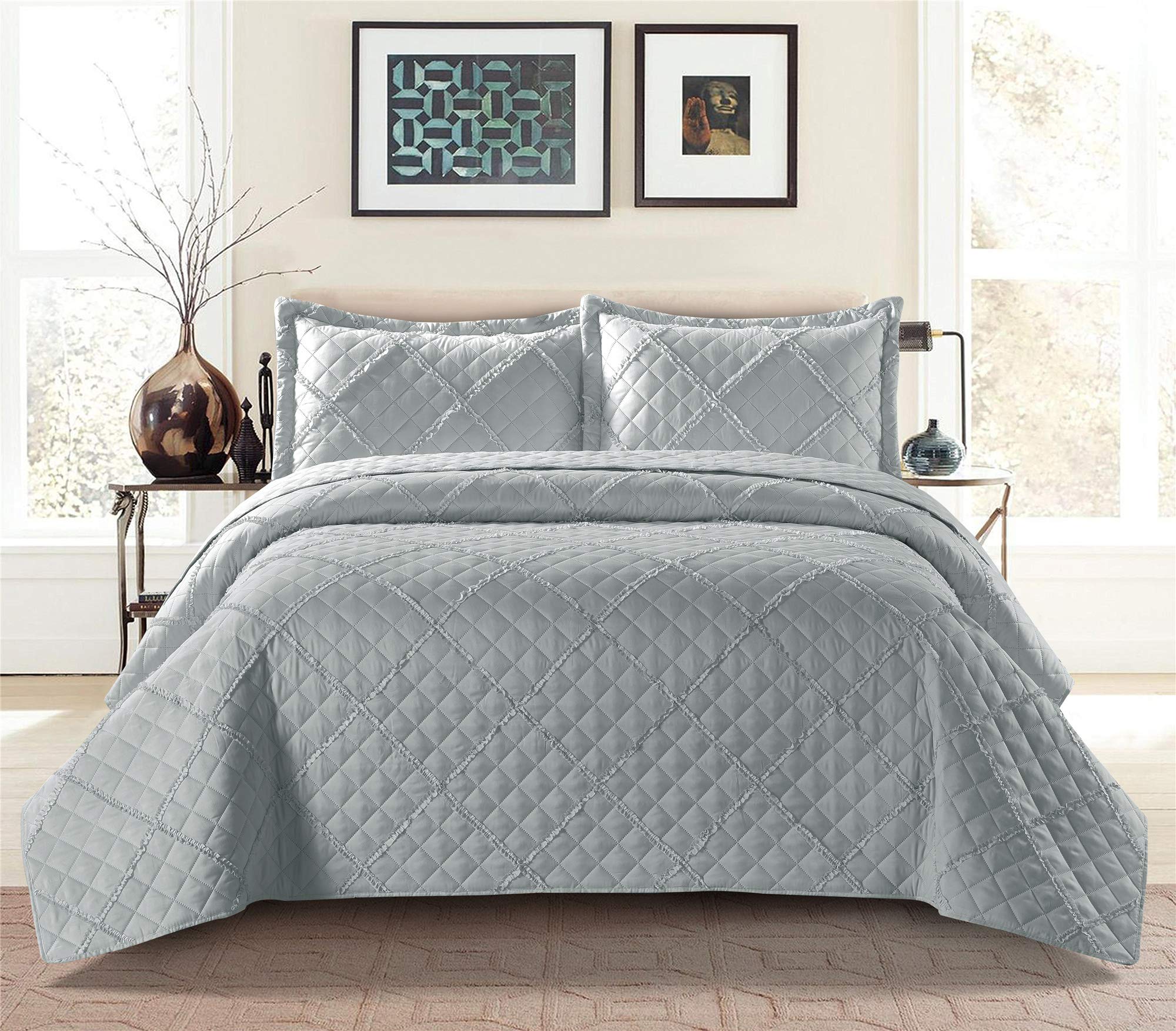 PRIME LINENS Quilted Bedspread Embossed Pattern Comforter Coverlet Bedding Set Bed Throw With 2 Pillow Shams (Ruffle Silver, Double)