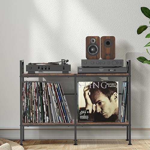 Miniatura 7 de Soporte para tocadiscos, mesa para tocadiscos con almacenamiento de vinilo, hasta 200 álbumes, soporte para discos de vinilo, gabinete estéreo para