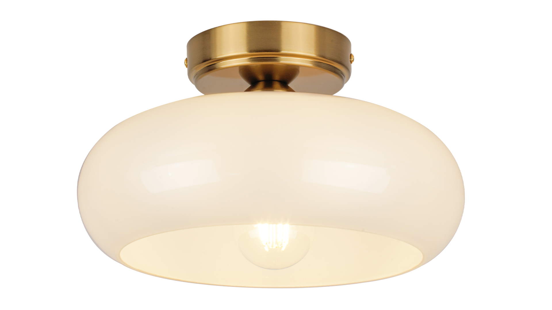 Image of Small Semi Flush Mount Ceiling Light Fixture, 11'' Vintage Mid-Century Gold with White Milk Glass Shade, Modern Farmhouse Lighting for Kitchen, Hallway, Bedroom, Foyer, Schoolhouse