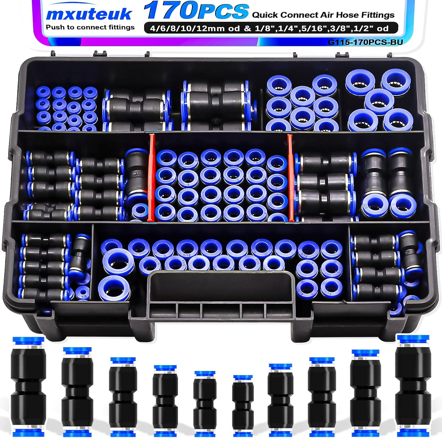 mxuteuk 1/4" OD to 1/4" NPT Push to Connect Fittings Air Hose Fittings+mxuteuk Quick Connect Air Hose Fittings,1/8 1/4 5/16 3/8 1/2 inch & 4/6/8/10/12mm Straight Push to Connect Fittings