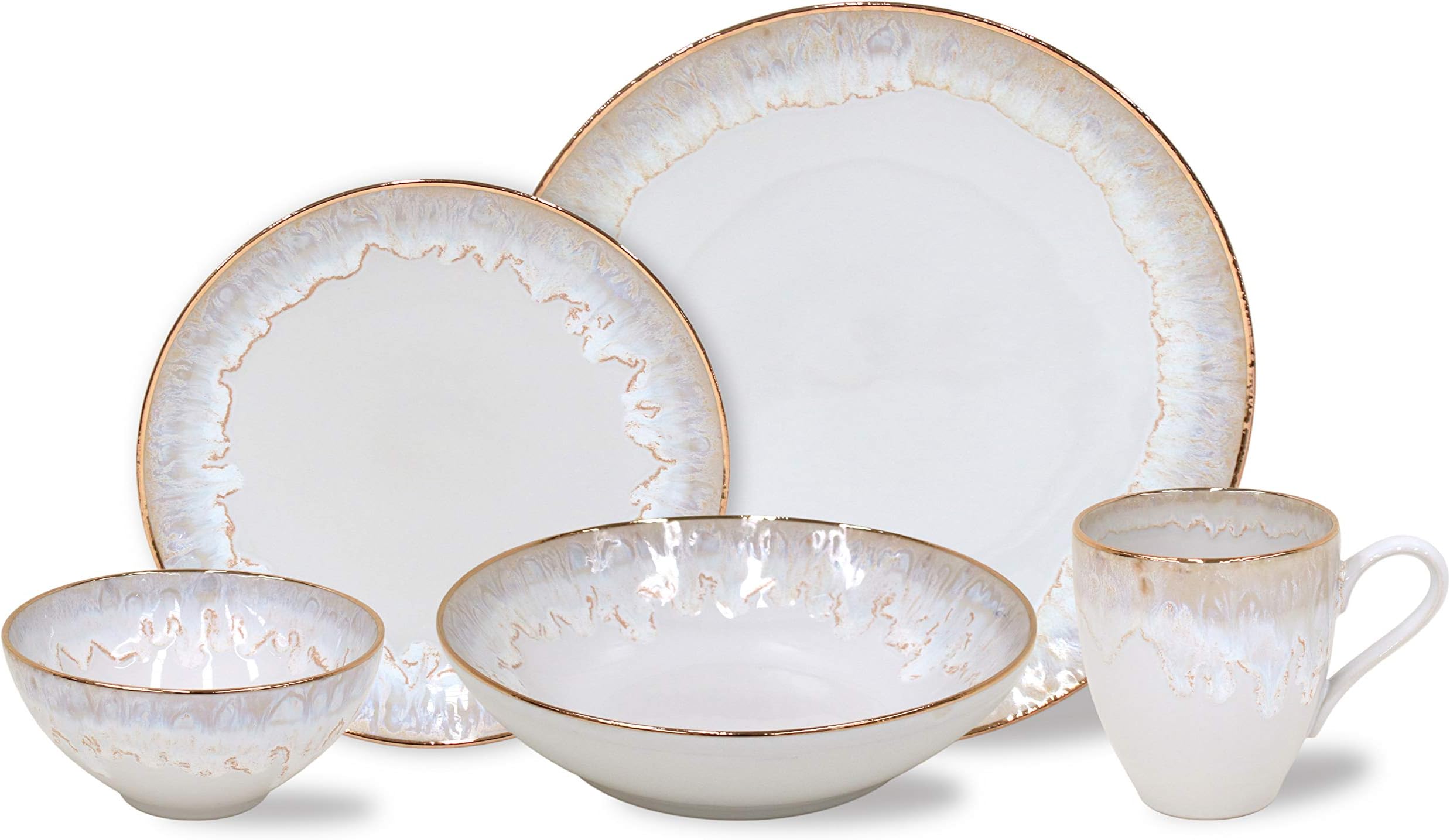 Casafina Taormina Collection Stoneware Ceramic 5-Pieces Place Setting, White & Gold