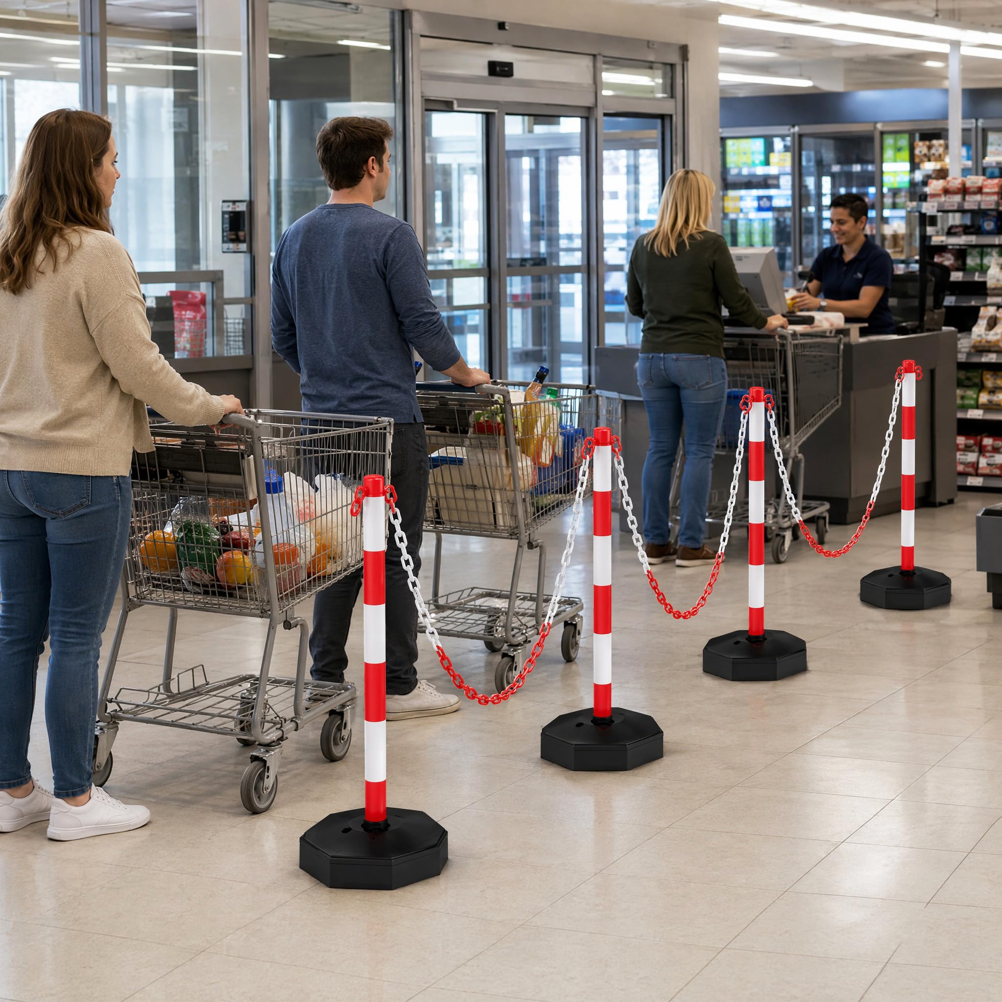 Aufun 4 sztuki słupków odcinających z łańcuchem, słupki łańcuchowe z tworzywa sztucznego z możliwością napełnienia podstawą i paskami odblaskowymi, łańcuch z tworzywa sztucznego 1,4 m w zestawie, 82 x