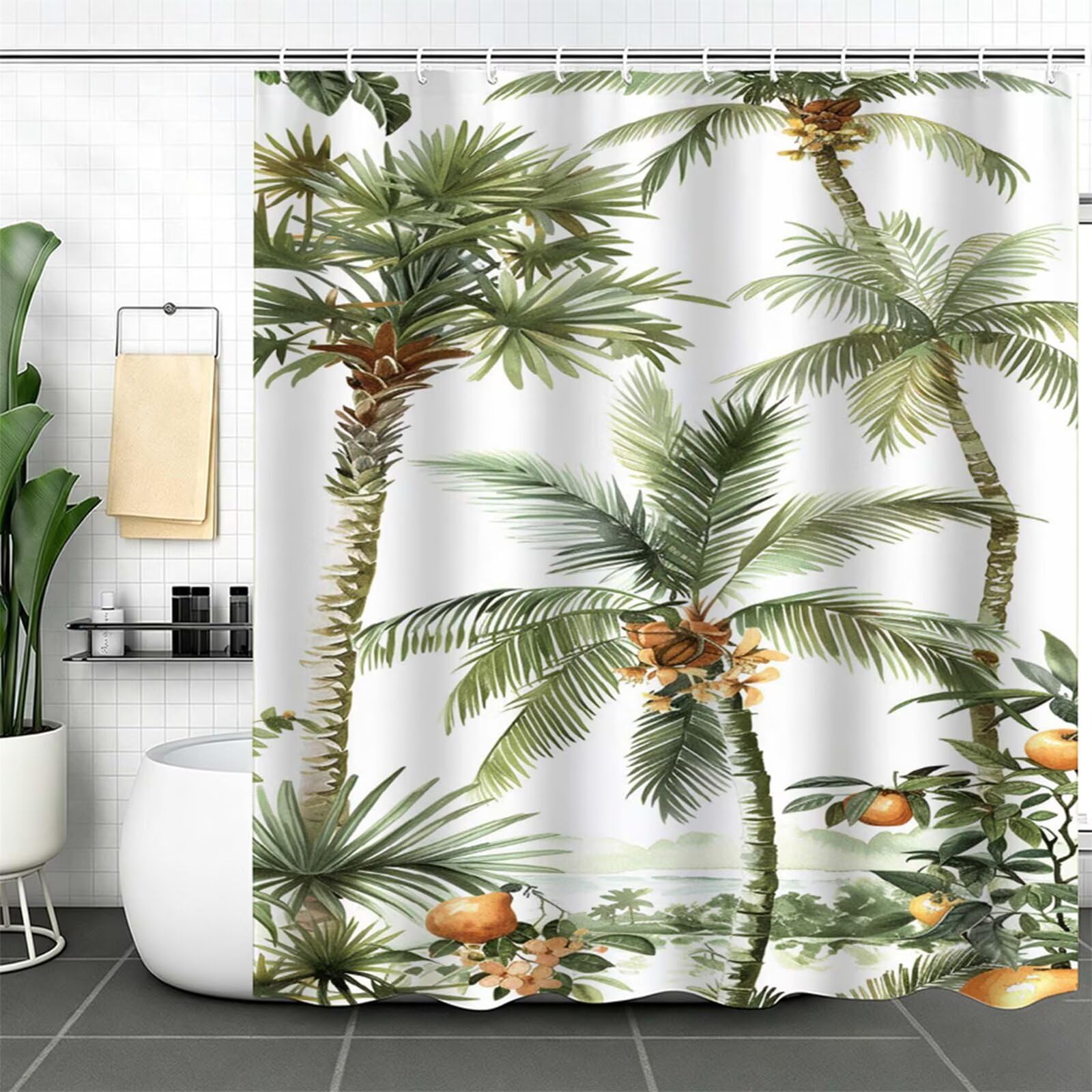 Weiß Duschvorhang 180x180cm,Duschvorhänge Kokospalmen,Bedruckt mit Kunststoffhaken,Badezimmerdekor Vorhang,Wasserdicht Shower Curtains,für Badezimmer,Badewanne,Schlafsaal,Hotel Dekorieren J-774