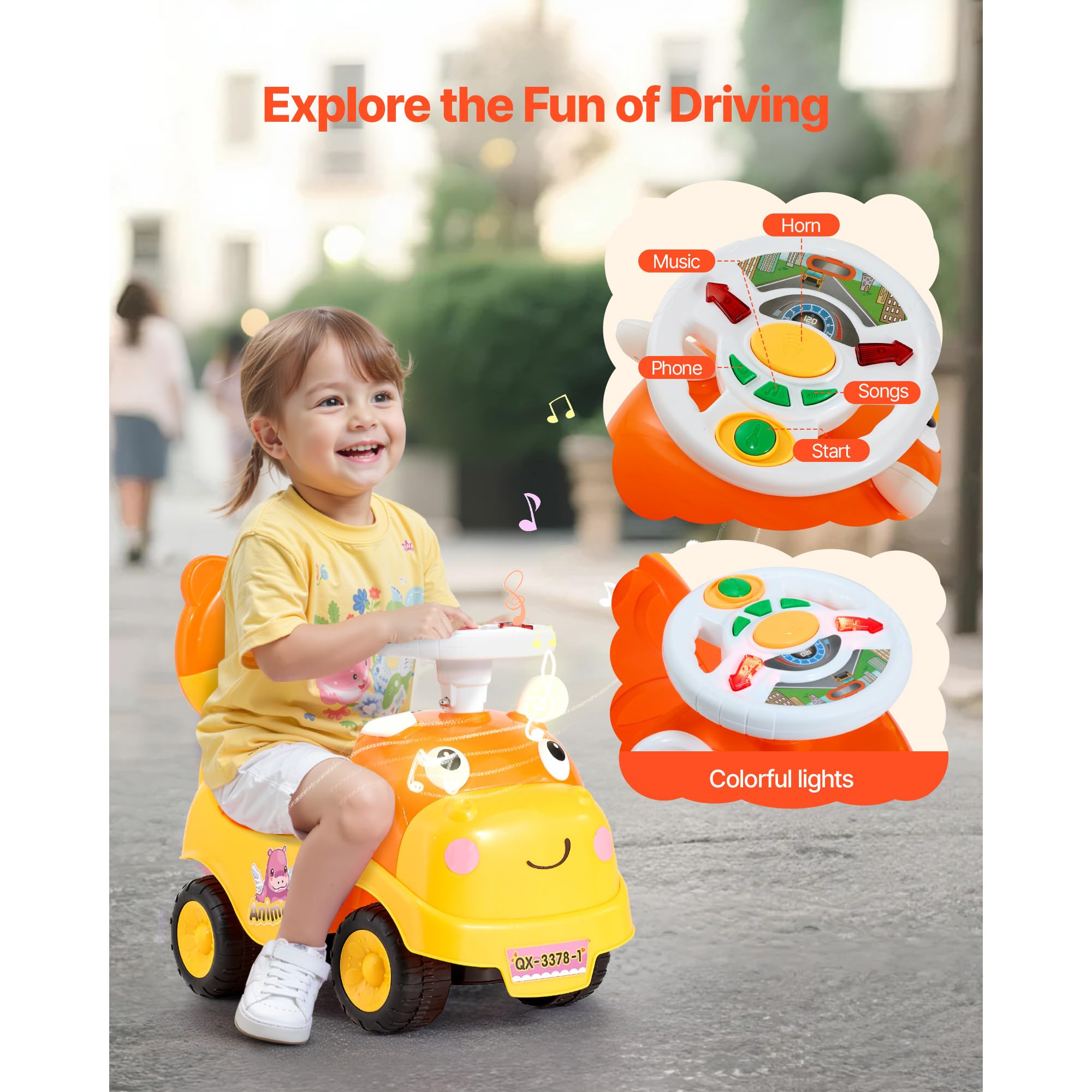 Uargd Ride-On Push Car, Ride-On Toy with Horn and Music, 48.5 lbs Weight Capacity, Under-Seat Storage, Foot-to-Floor Walker — view 3