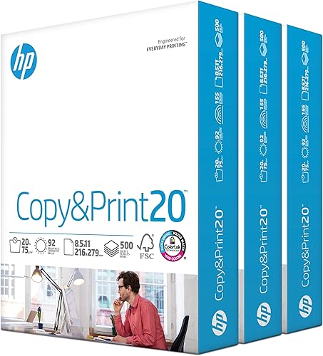 HP - Papel para impresora Copy&Print20 de 8.5 x 11, 20 libras. Paquete con 3 resmas 1,500 hojas brillantez 92. Fabricado en Estados Unidos.