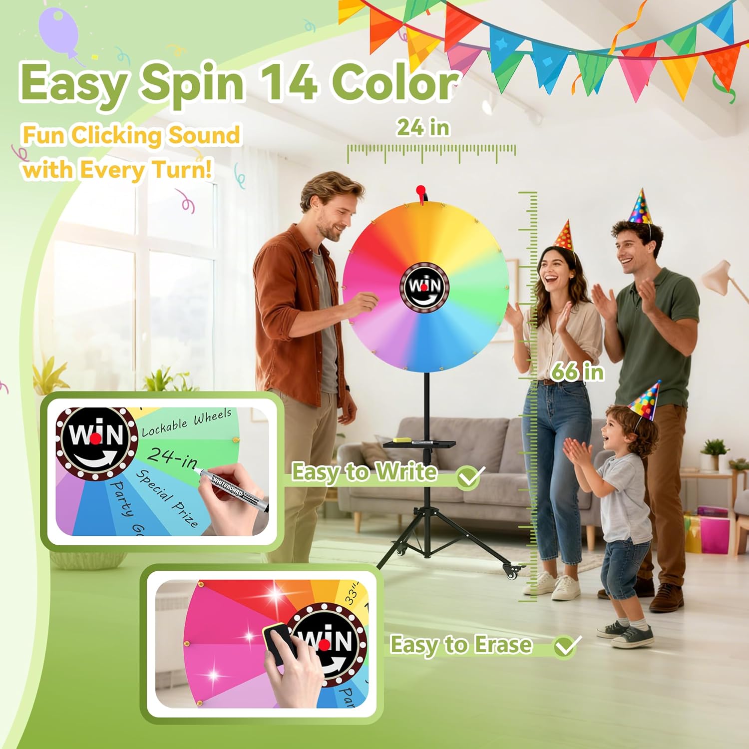 24-Inch Prize Wheel with Lockable Wheels, Portable 14-Color Spinning Prize Wheel, Adjustable 33"-66" Height Spin Doodle Game Spinner with Folding Tripod Stand, Storable Spinning Wheel for Prizes