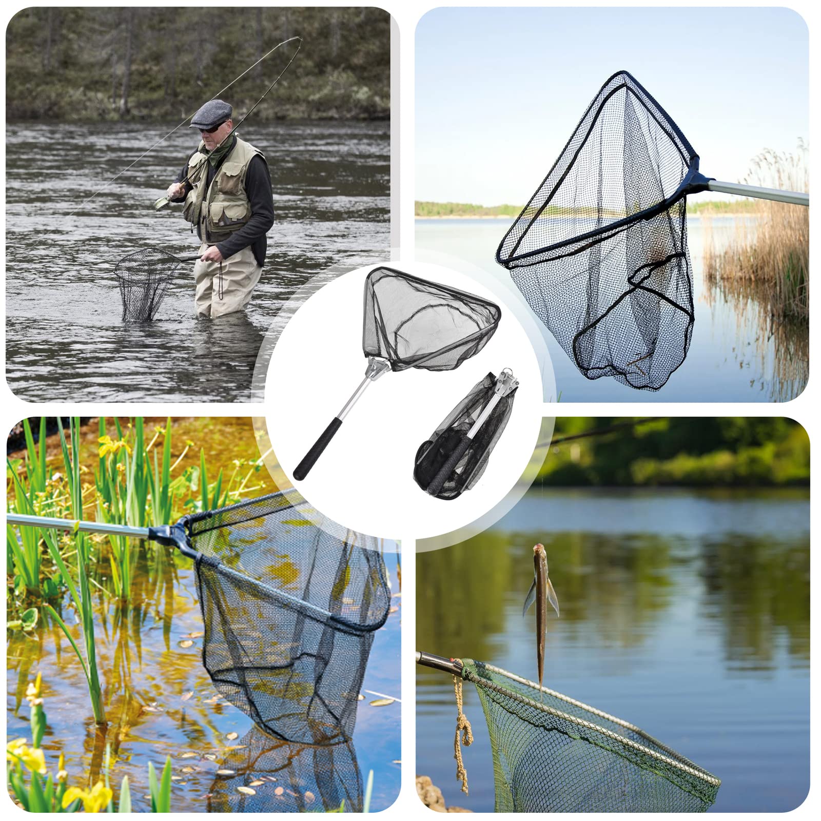 Aicharynic Retino da Pesca: 50 cm, Telescopico, Pieghevole, per Crap, Trote, Barca e Oceano, Nero, Alluminio e Nylon