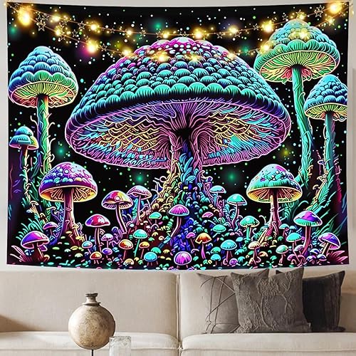 Miniatura 4 de vavalad Tapiz de hongos arco iris, planta de fantasía, tapiz de luz negra en hongos oscuros, tapiz de reacción de luna, póster para colgar en la