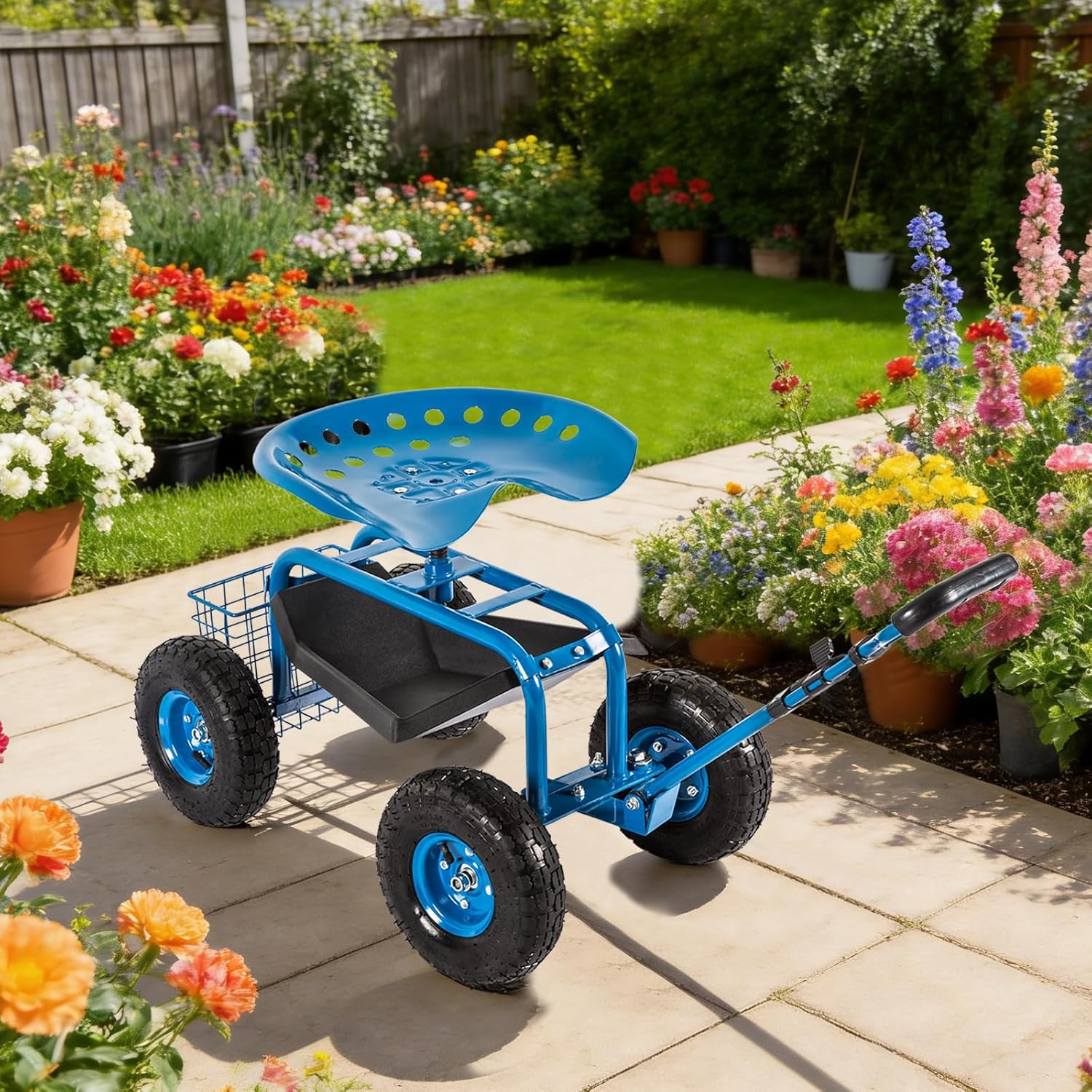 FIZZEEY Gardening Workseat - Rolling Garden Cart Work Seat w/360 Degree Swivel Adjustable Seat, Storage Basket, Steering Handle, 4 Wheels, Garden Scooter for Planting