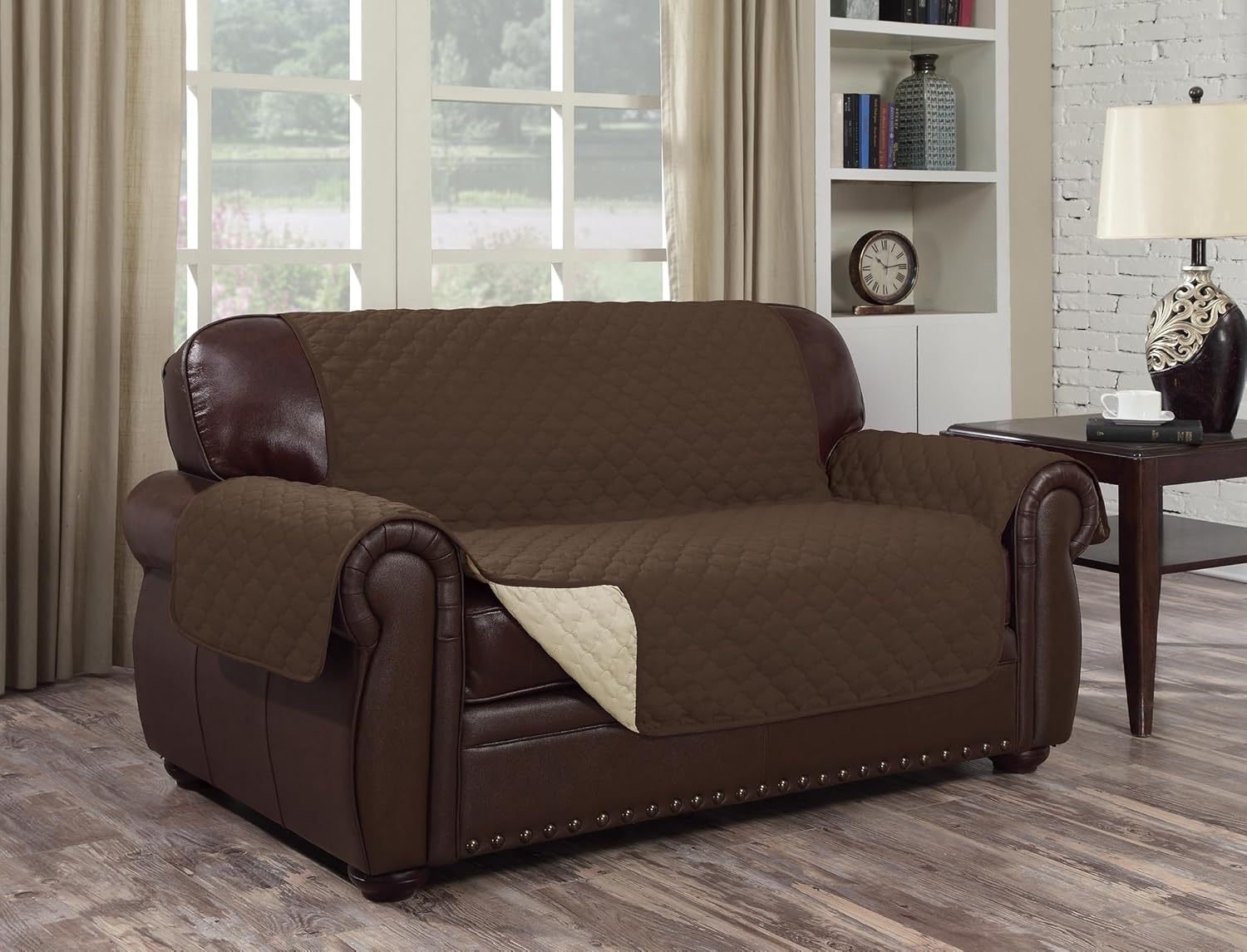 J&V TEXTILES Reversible Couch Cover for 3 Cushion Couch Sofa Cover for Dogs Water Resistant Furniture Protector Cover with Foam Sticks Elastic Straps for Pet Cat (Taupe/Chocolate, Love Seat)