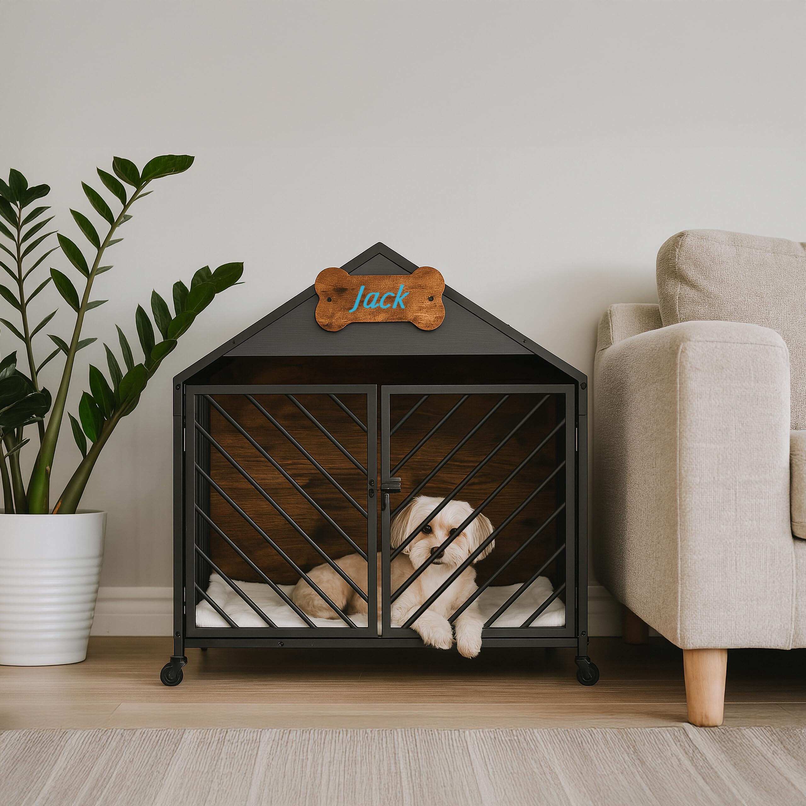 Relaxdays Cage pour Chien Style Industriel avec roulettes, MDF/Acier Brun/Noir, 73x70x53 cm