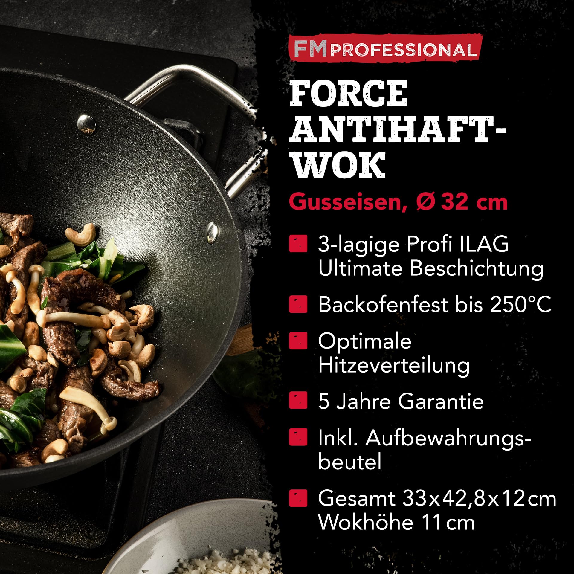 FMProfessional Force Wok aus Gusseisen 32 cm – Wokpfanne mit hochwertiger Antihaftbeschichtung – Geeignet für alle Herdarten (auch Induktion) – ca. 33 x 42,8 x 12 cm