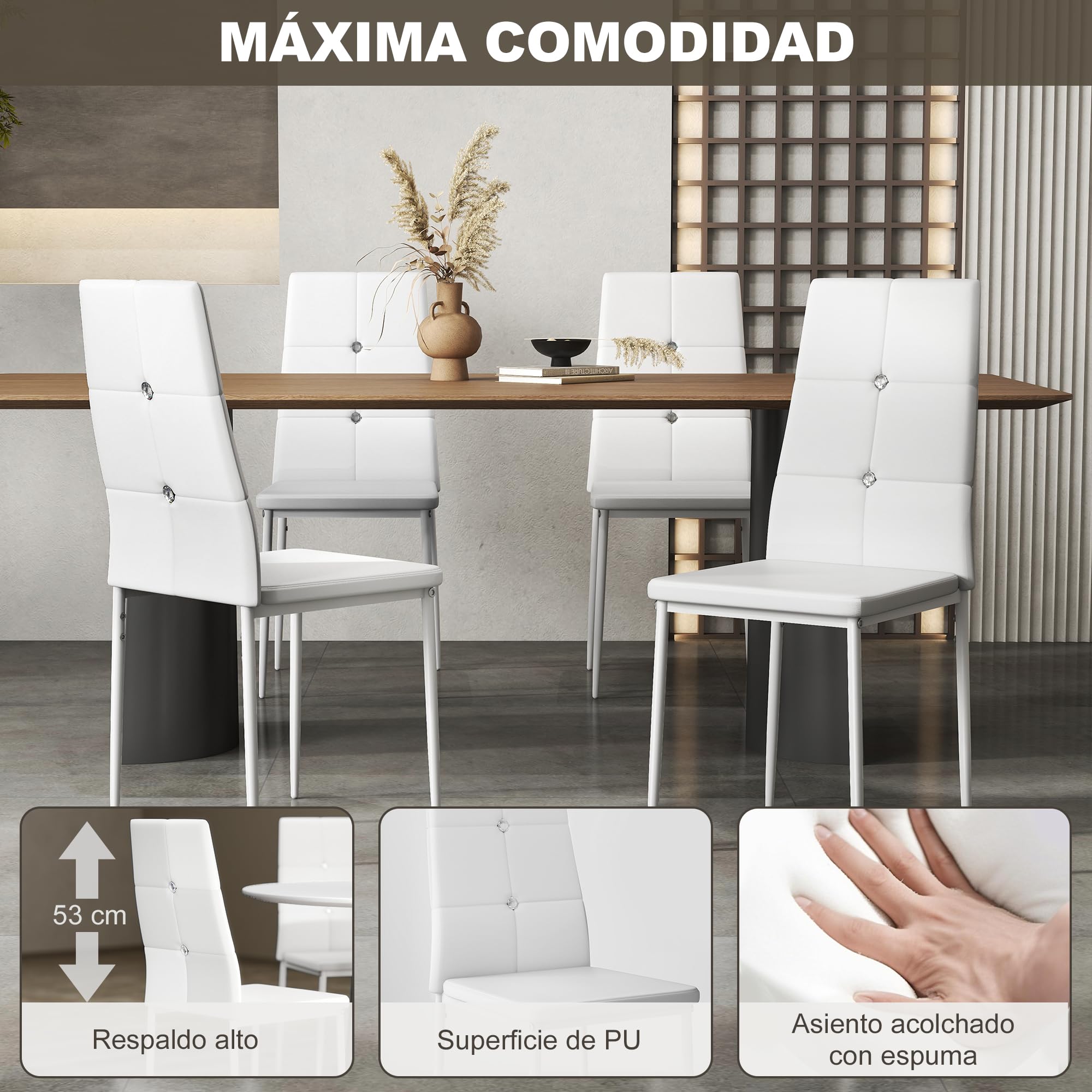HOMCOM Juego de 6 Sillas de Comedor con Respaldo Alto para Salón Blanco | Tapizada en PU, Sillas de Cocina Modernas, Botones, Patas de Acero, Dormitorio