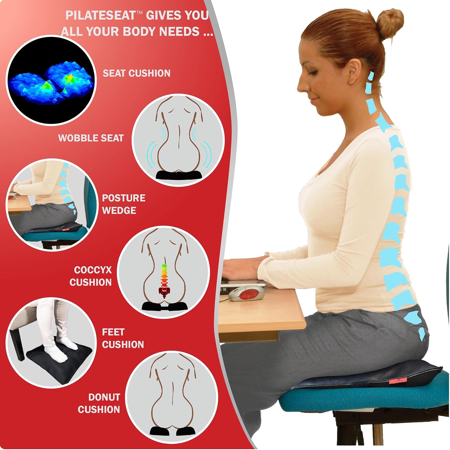 AJUVIA PilateSeat, Patented Adjustable Orthopedic Air Cushion for Office Chairs, Sciatica, Back Pain, Posture, Meditation, Wheelchair, Core, Coccyx, Butt & Tailbone Relief