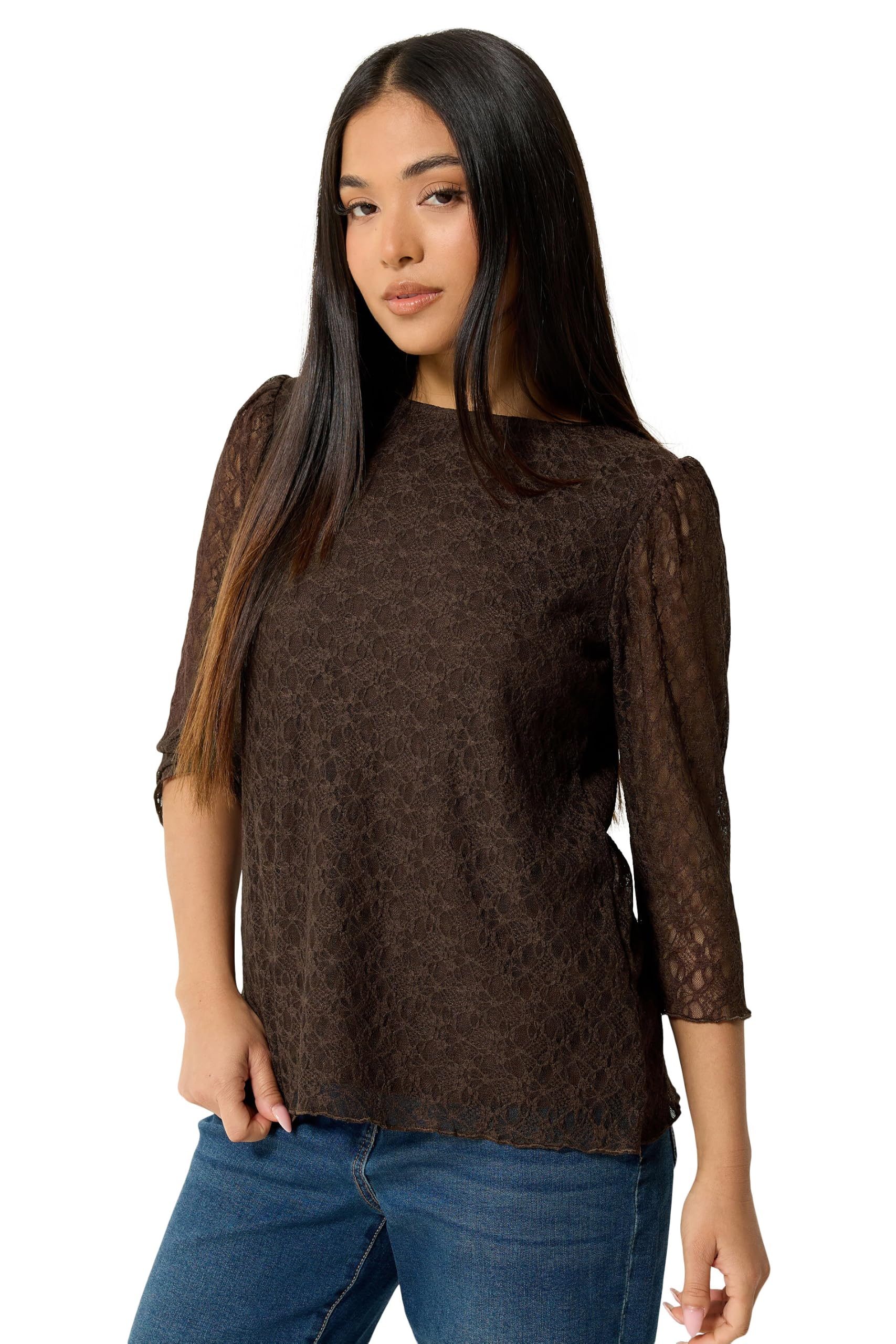M&Co Women's Petite Lace Top Size 10 Chocolate